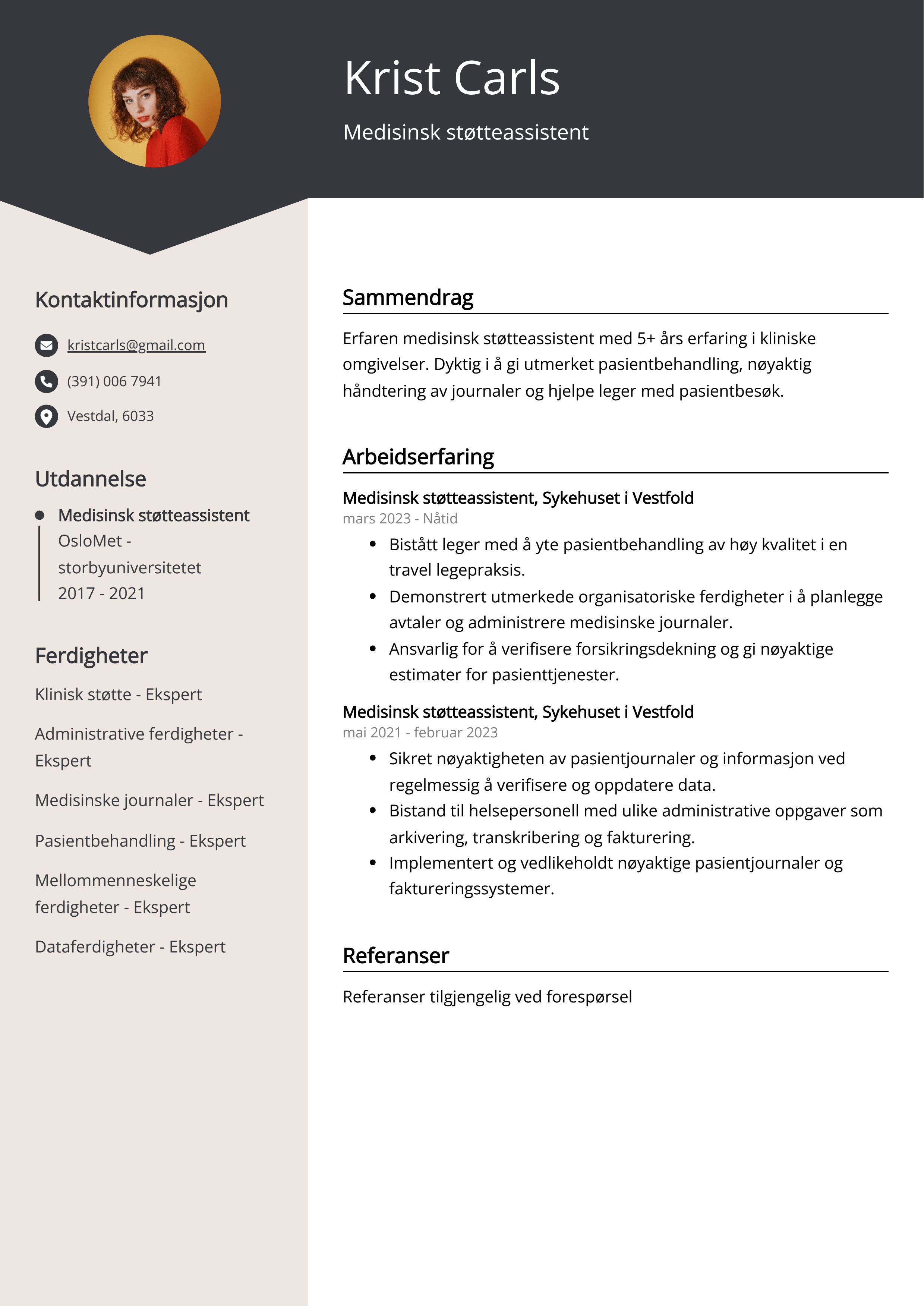 Medisinsk støtteassistent CV Eksempel