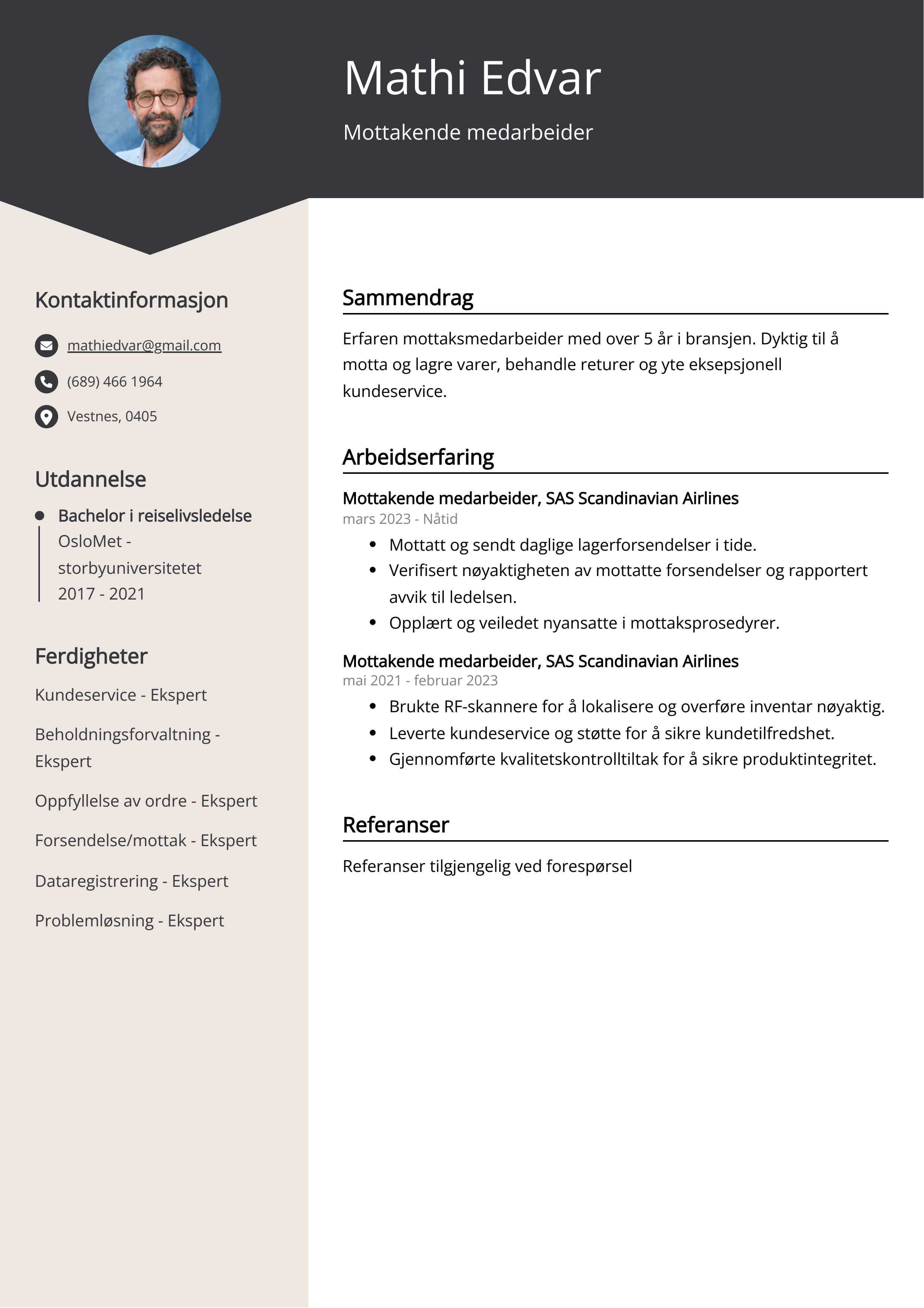 Mottakende medarbeider CV Eksempel