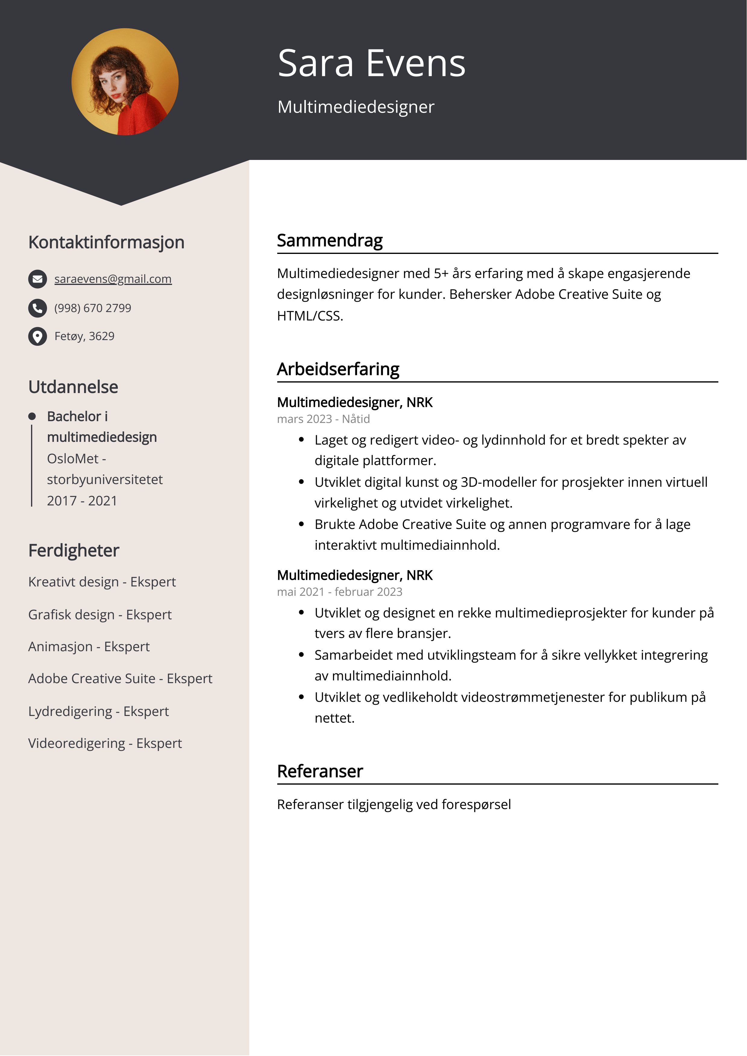 Eksempel på CV for multimediedesigner