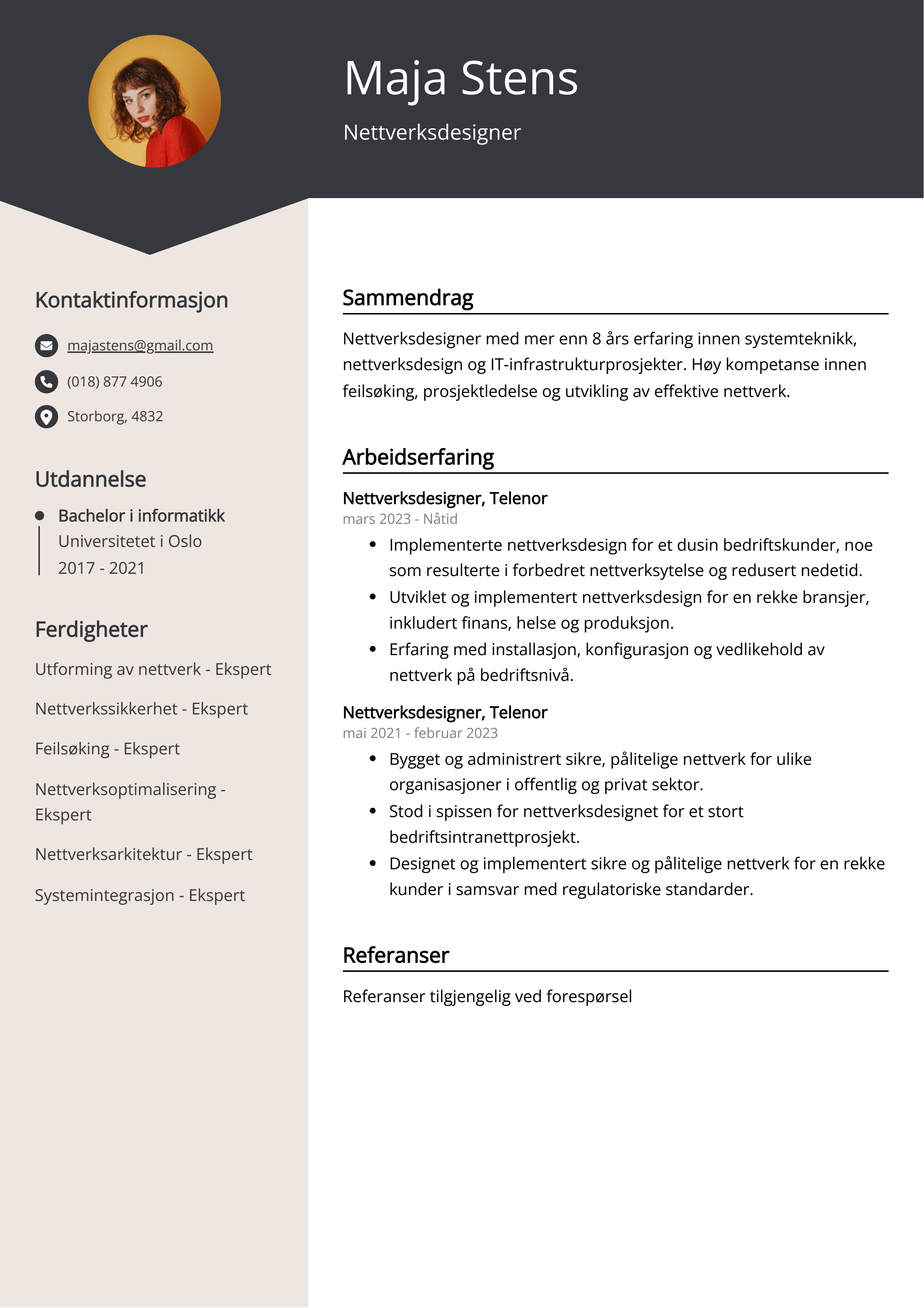 Nettverksdesigner CV-eksempel