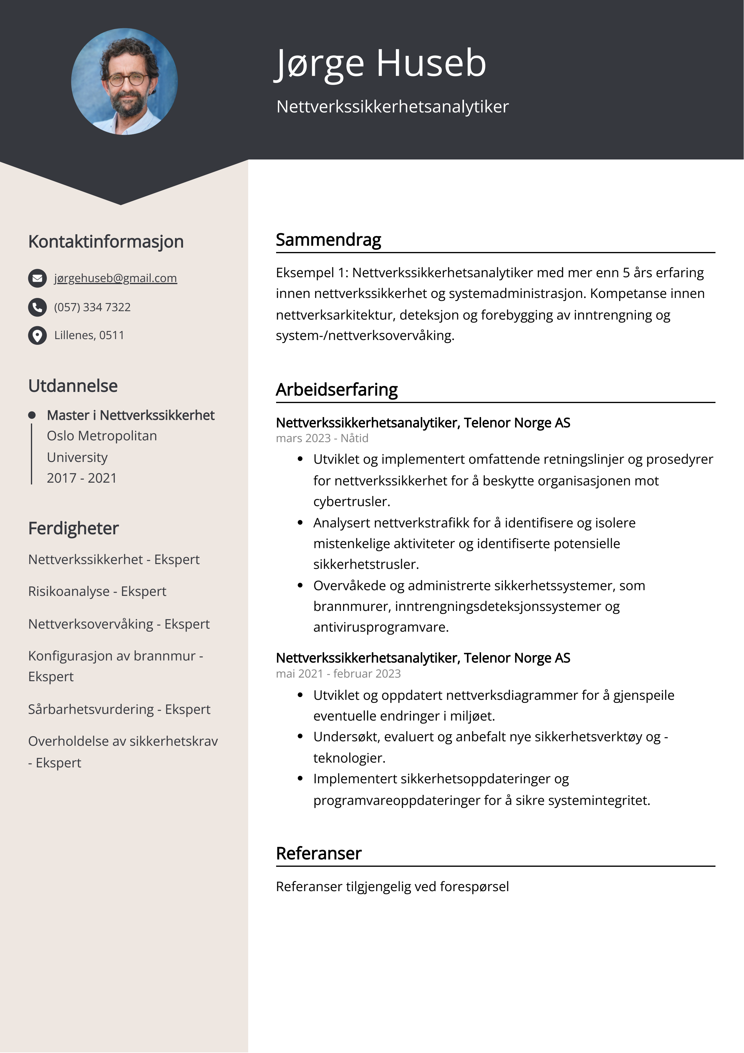 Nettverkssikkerhetsanalytiker CV Eksempel