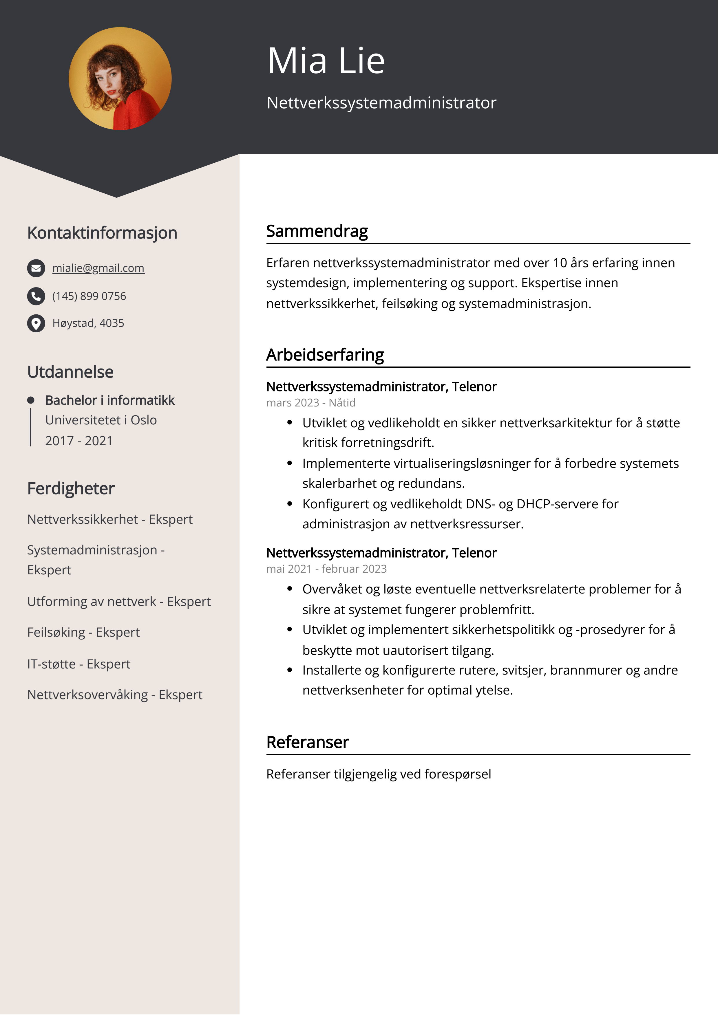 Nettverkssystemadministrator CV Eksempel