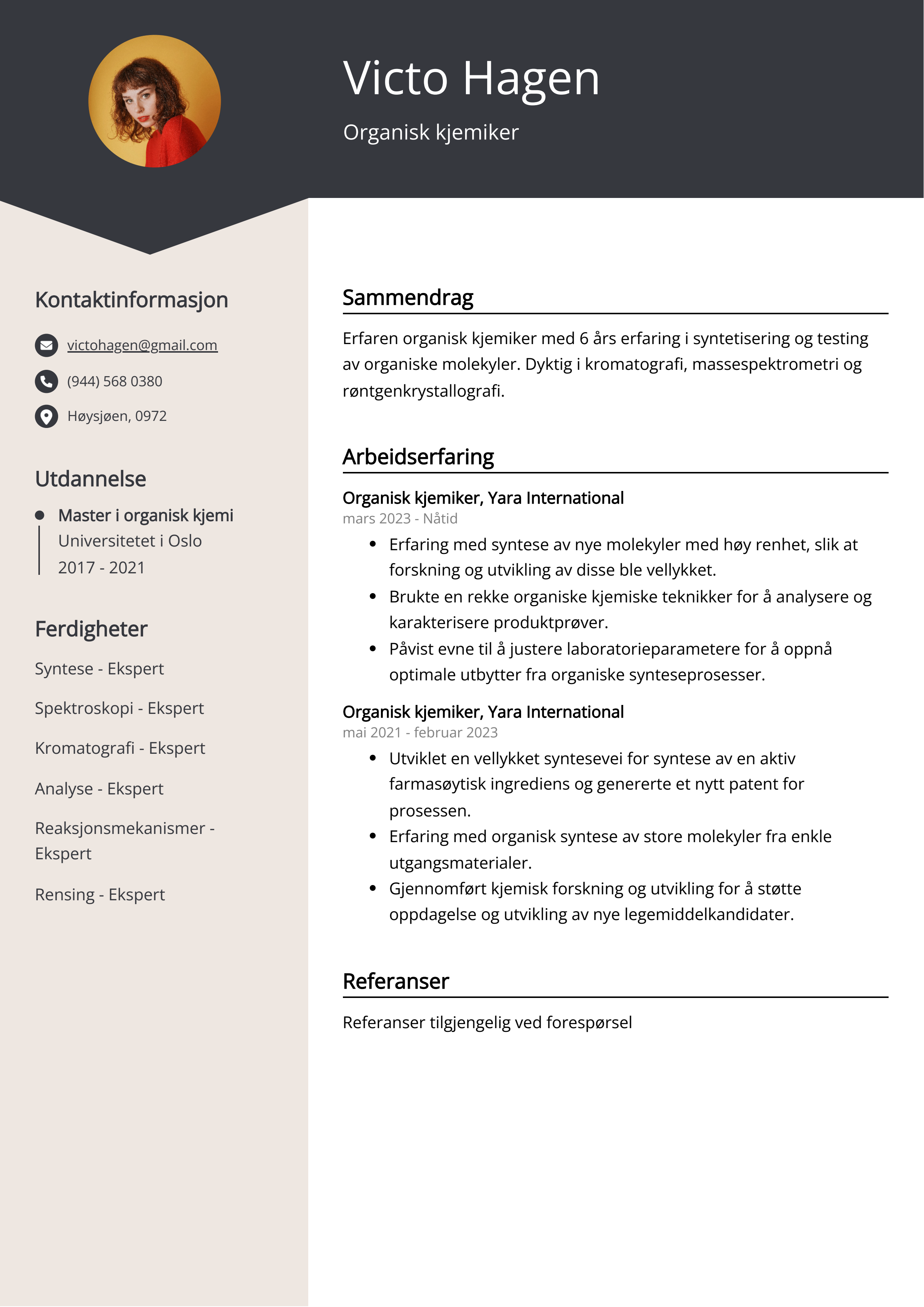 Organisk kjemiker CV Eksempel