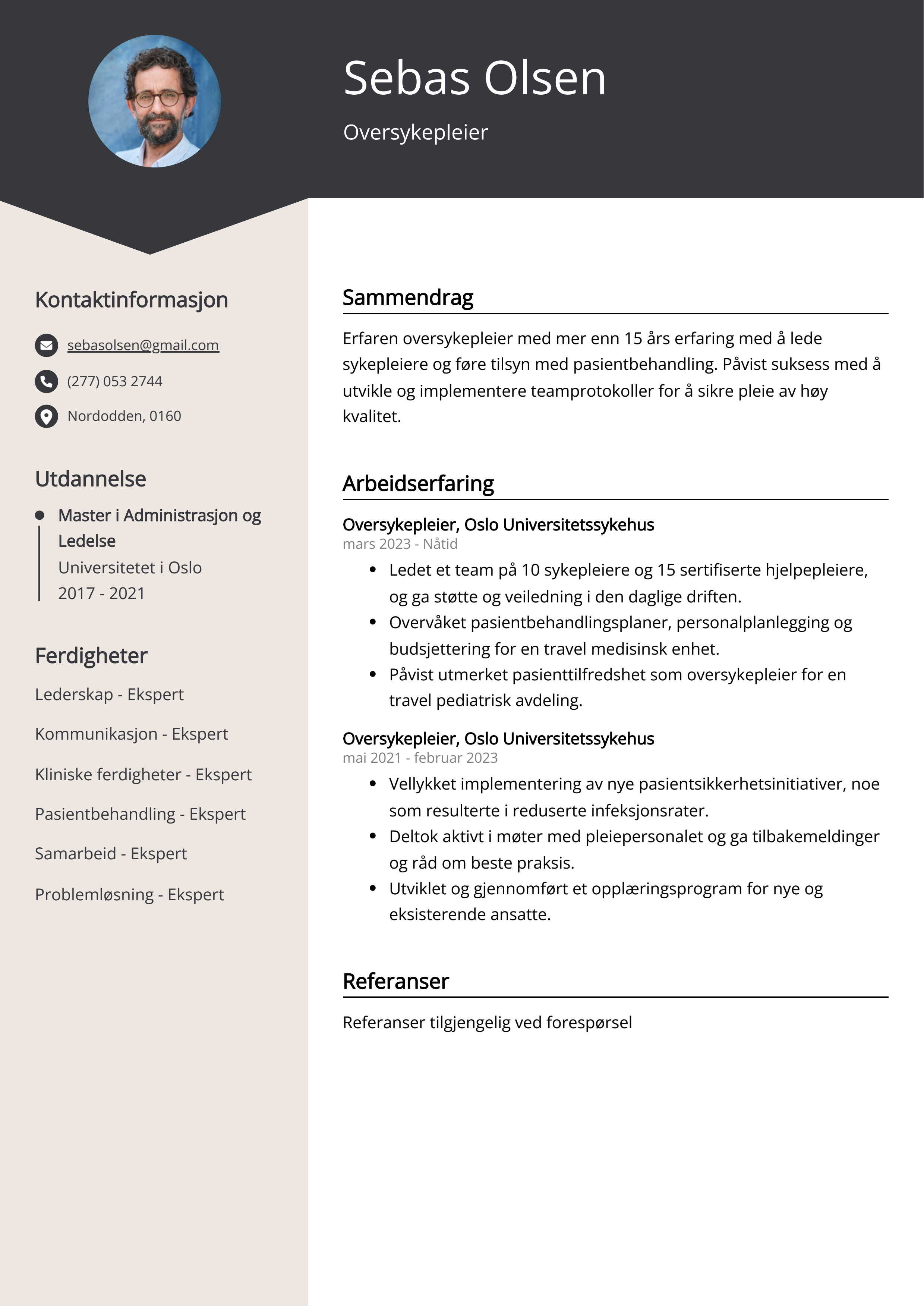 Oversykepleier CV-eksempel