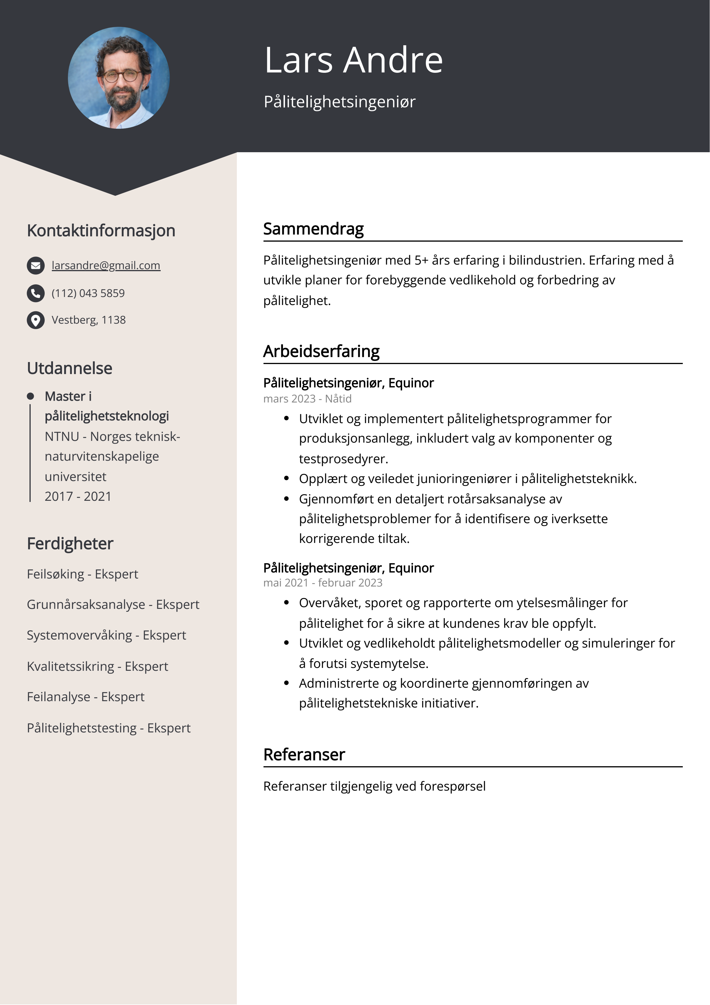 Pålitelighetsingeniør CV-eksempel