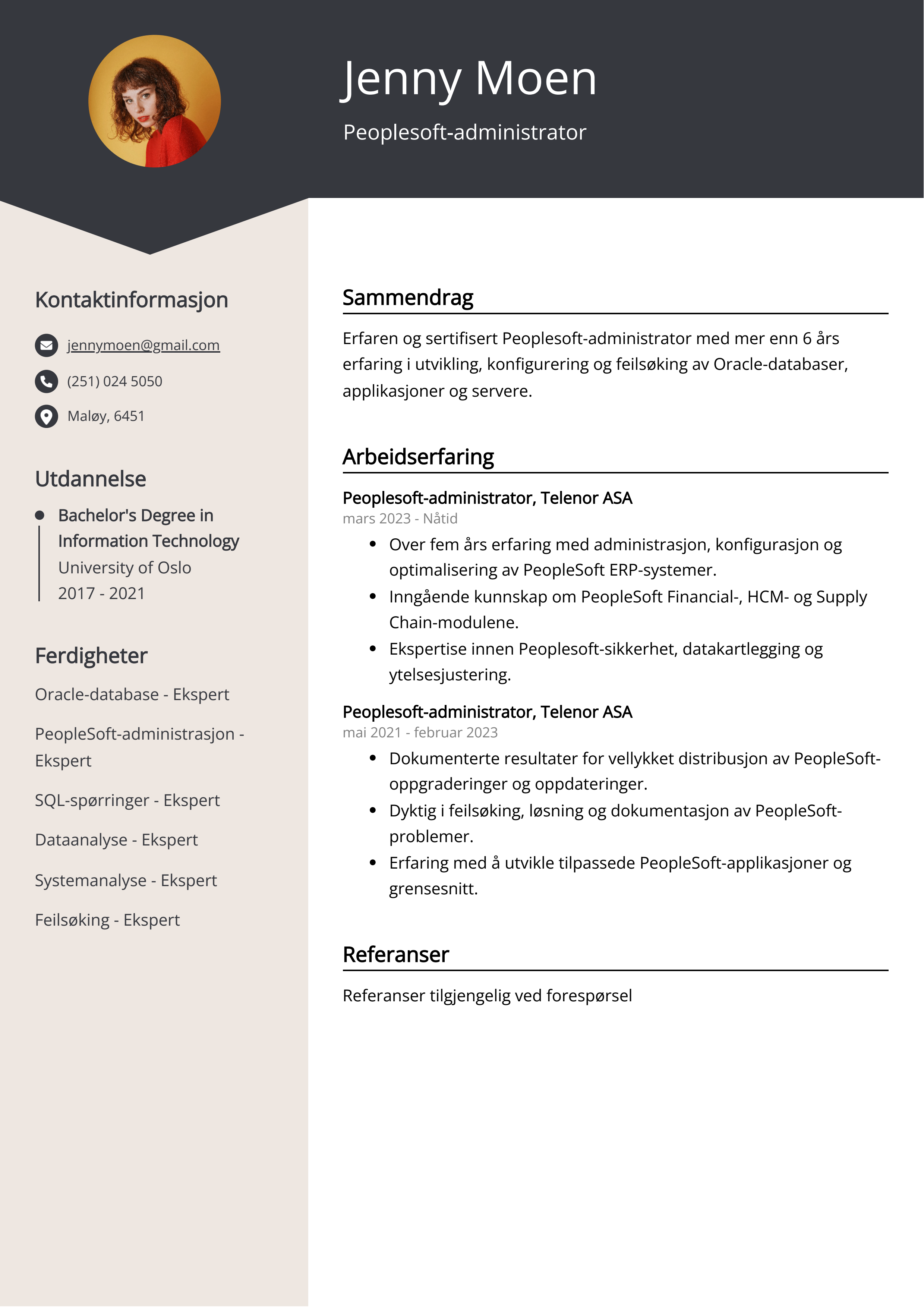 Eksempel på CV for Peoplesoft-administrator