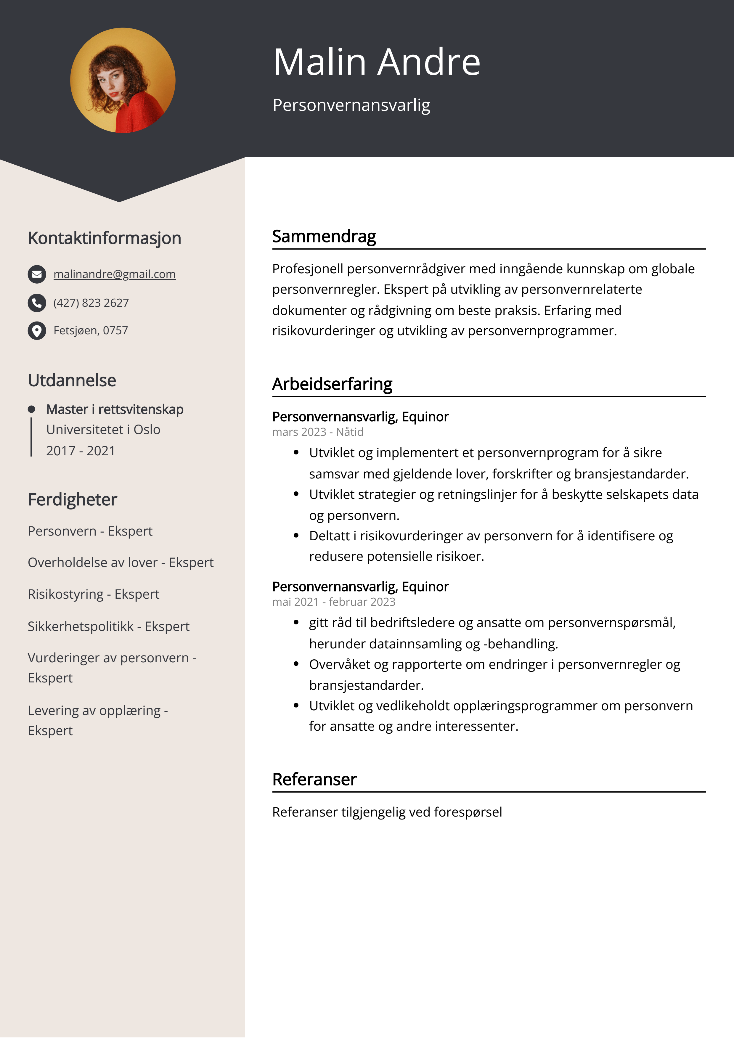 Personvernansvarlig CV Eksempel