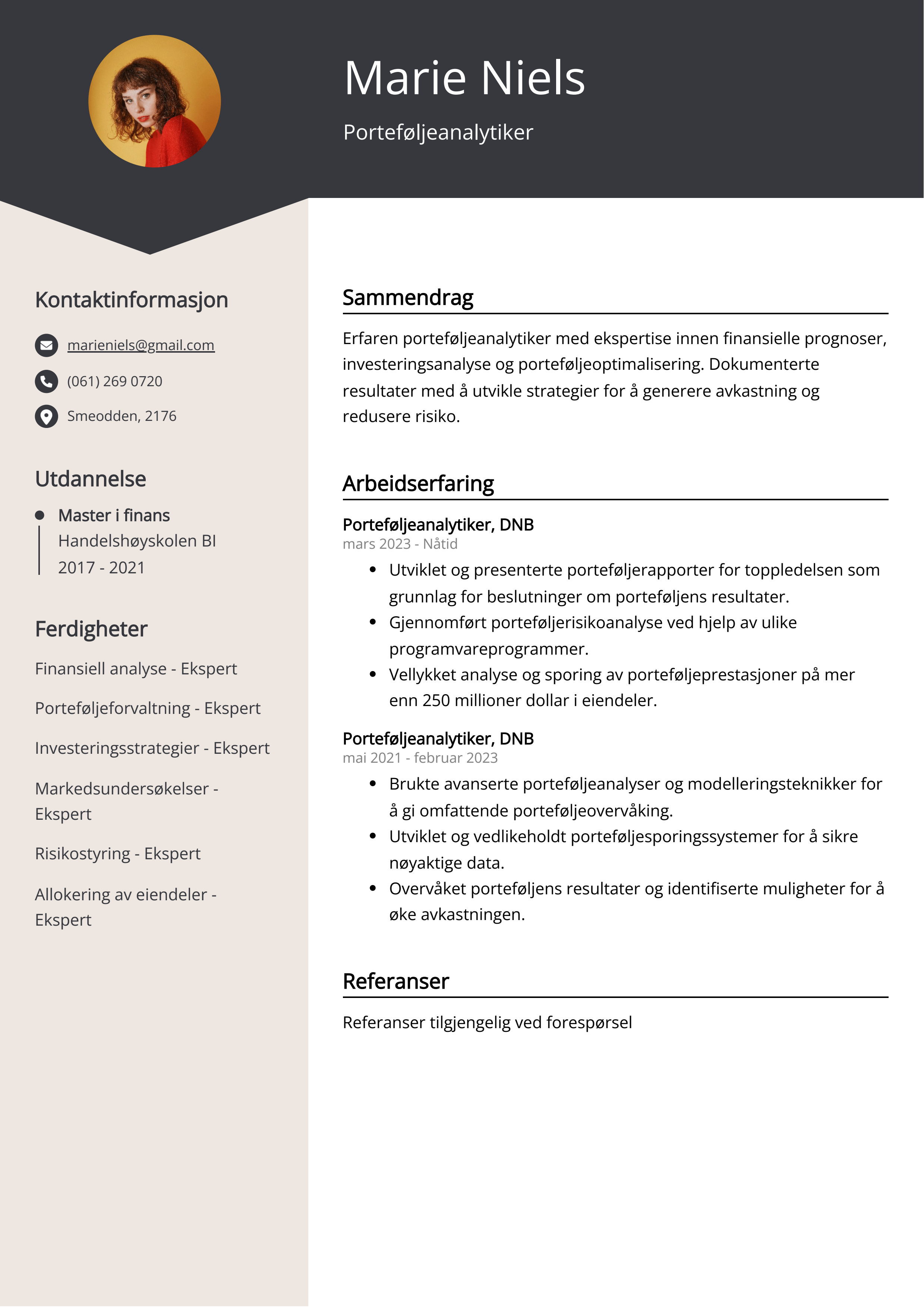 Porteføljeanalytiker CV Eksempel