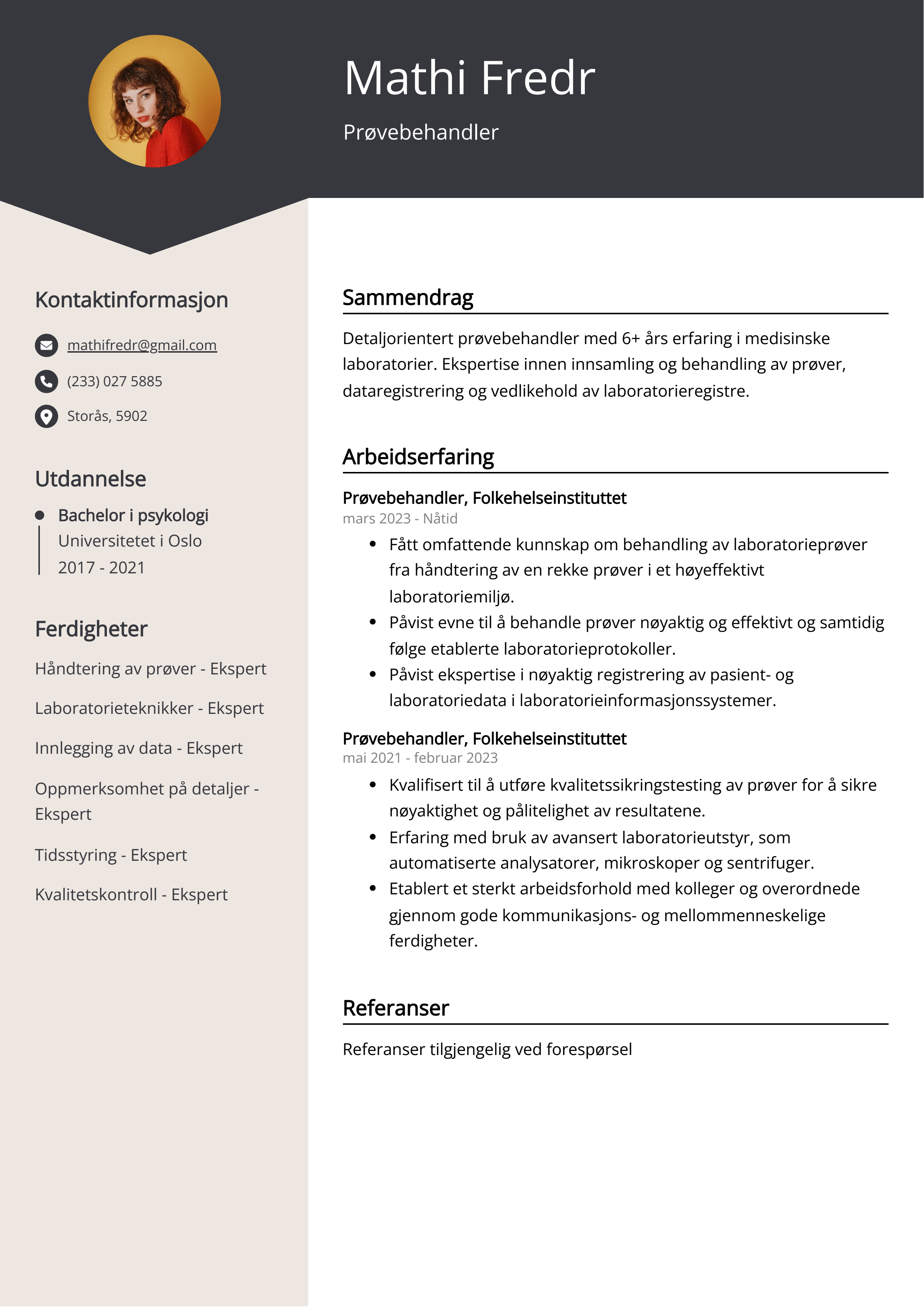 Eksempel på CV for Prøvebehandler