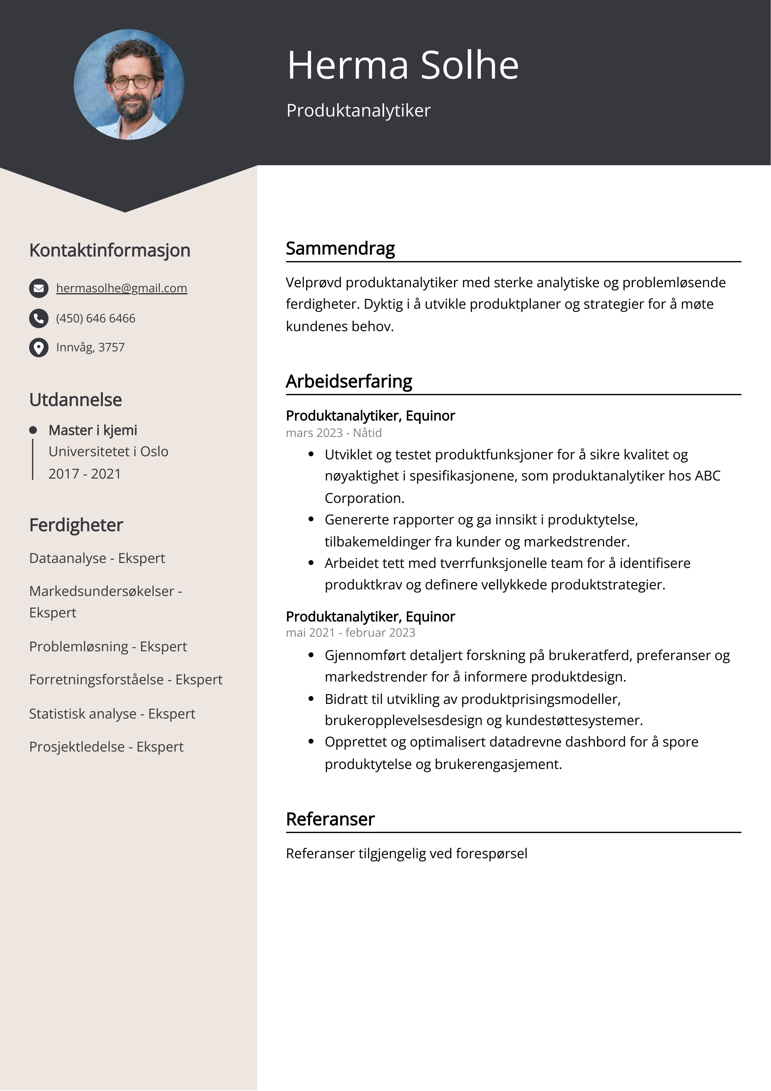 Eksempel på CV for produktanalytiker