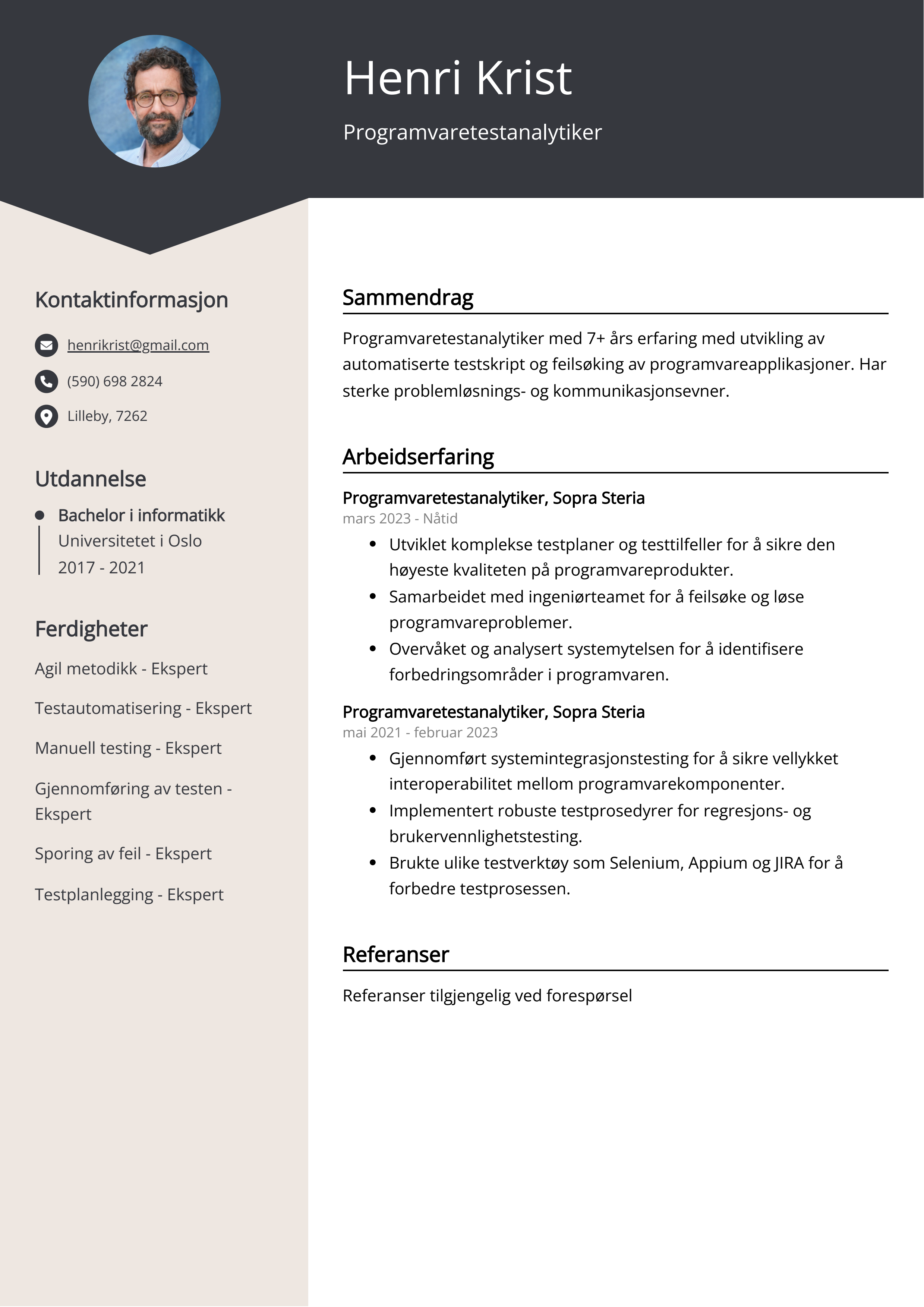 Programvaretestanalytiker CV-eksempel