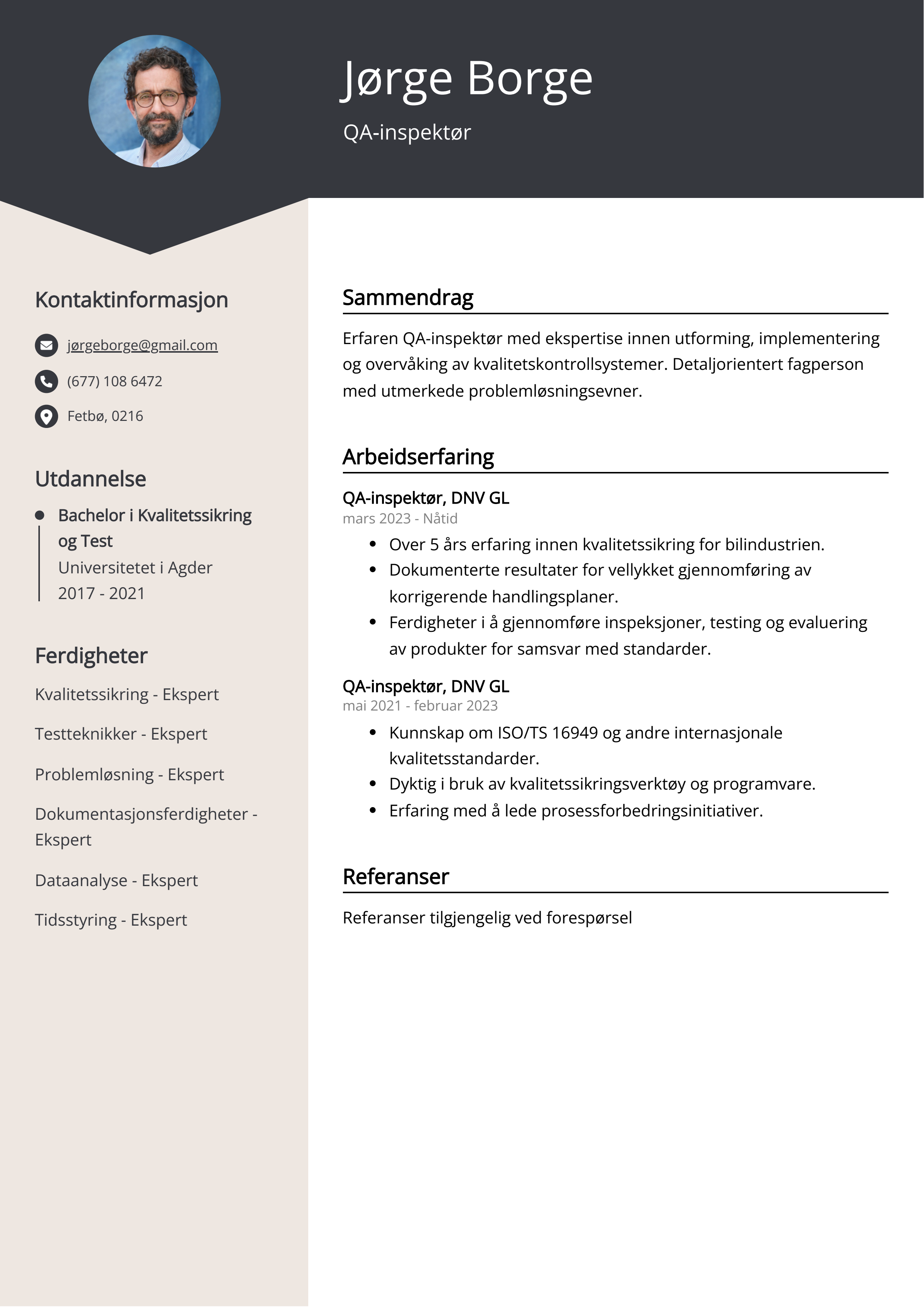 Eksempel på CV for QA-inspektør