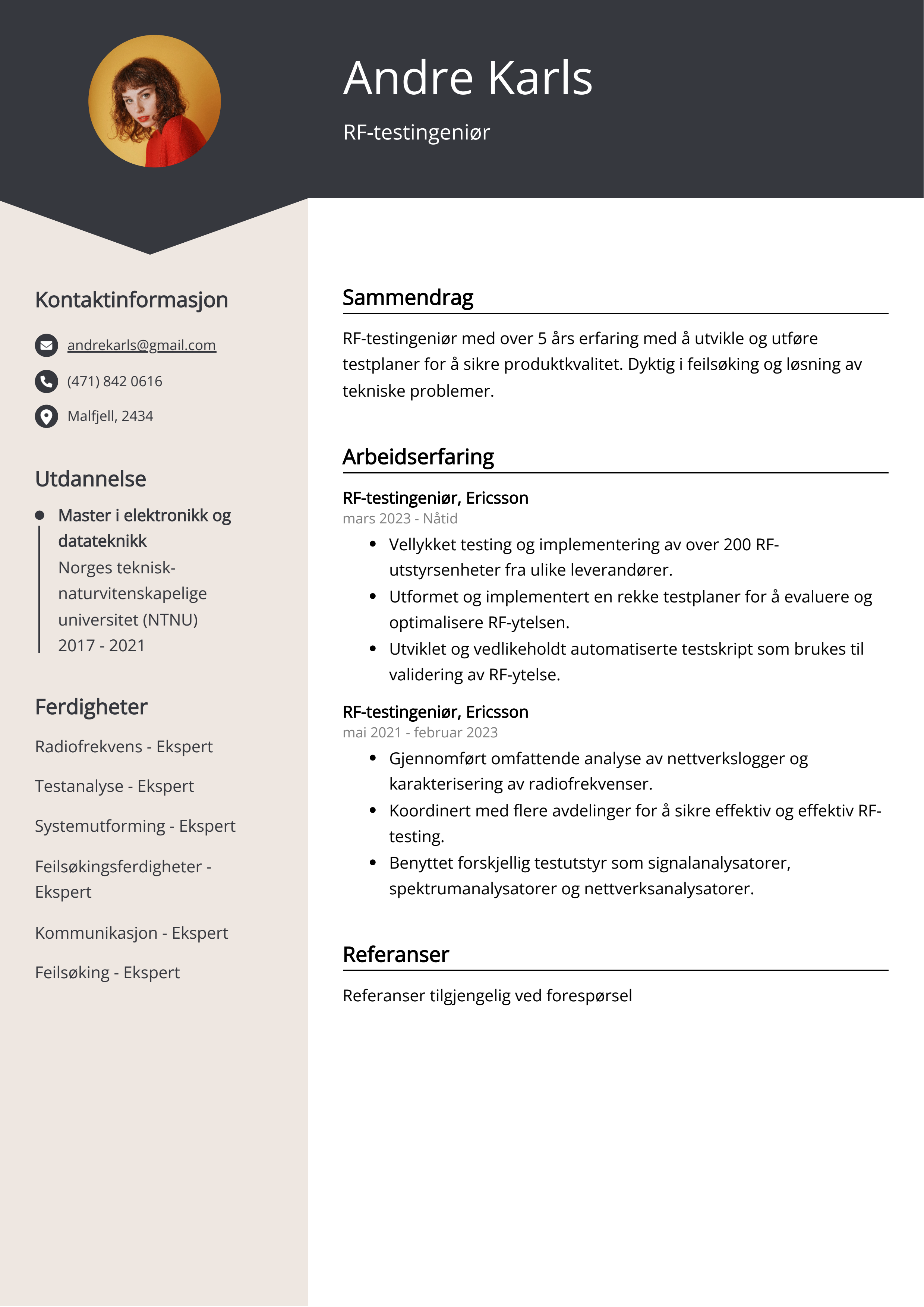 RF-testingeniør CV-eksempel