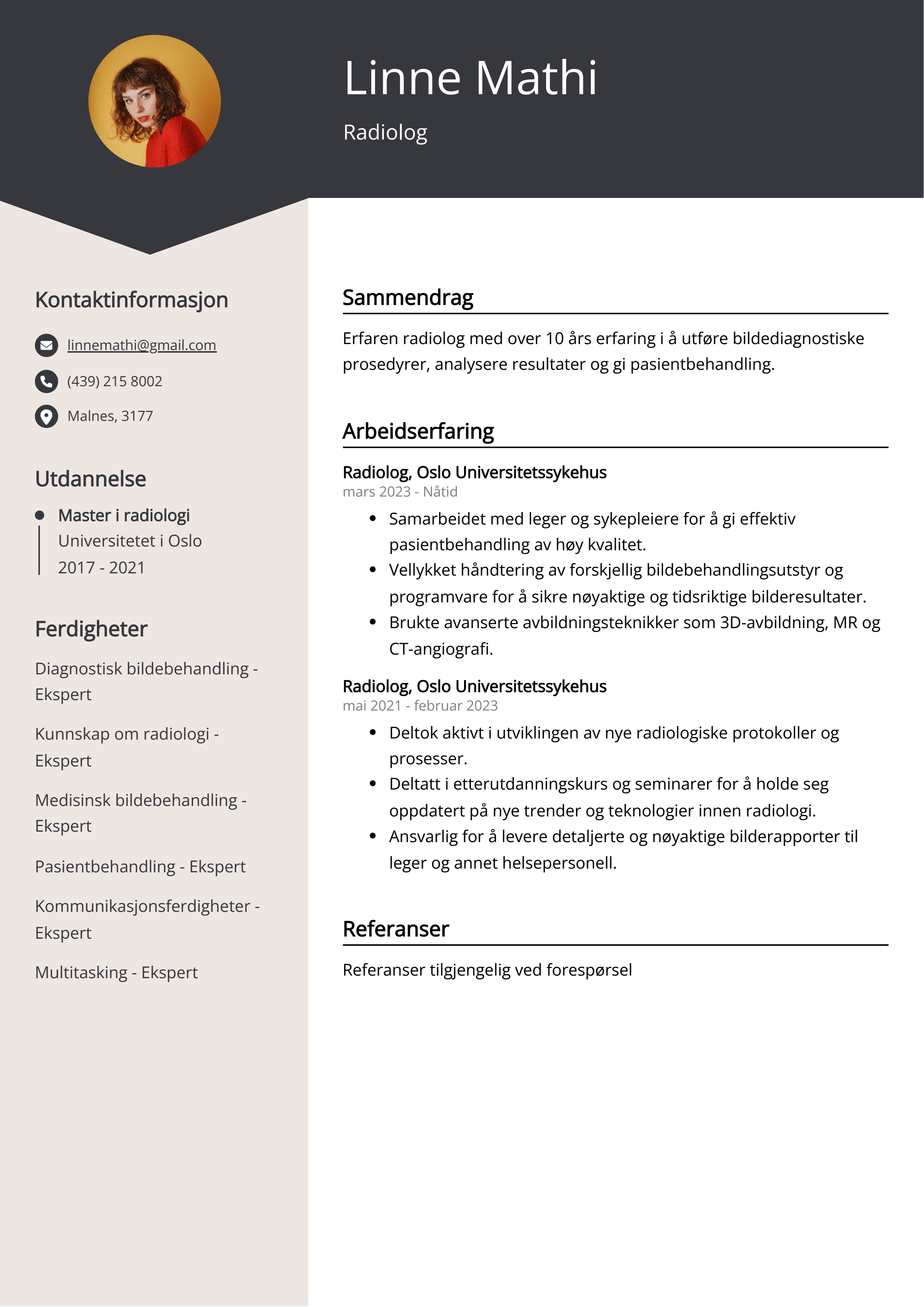 Eksempel på CV for radiolog