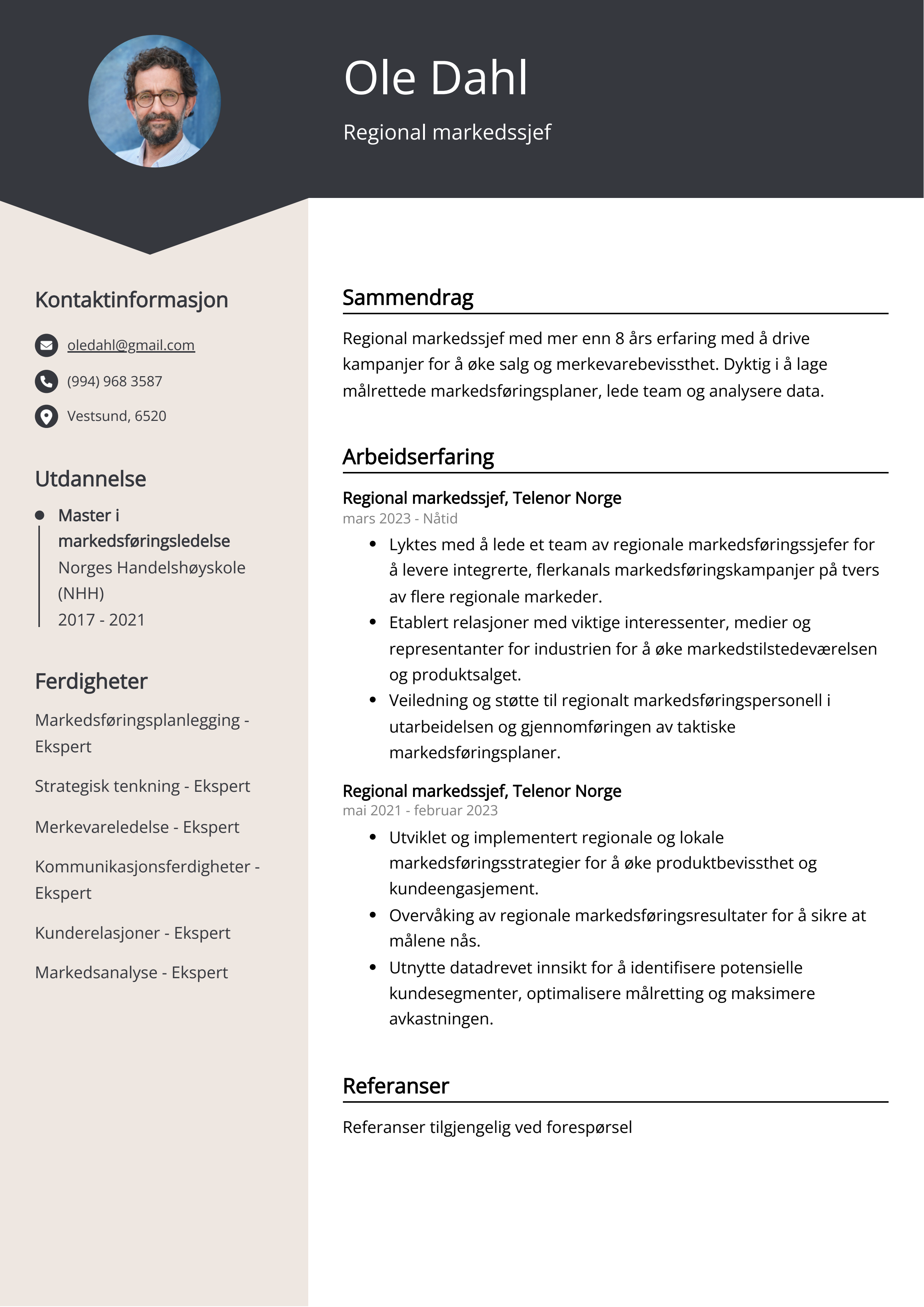 Eksempel på CV for regional markedssjef