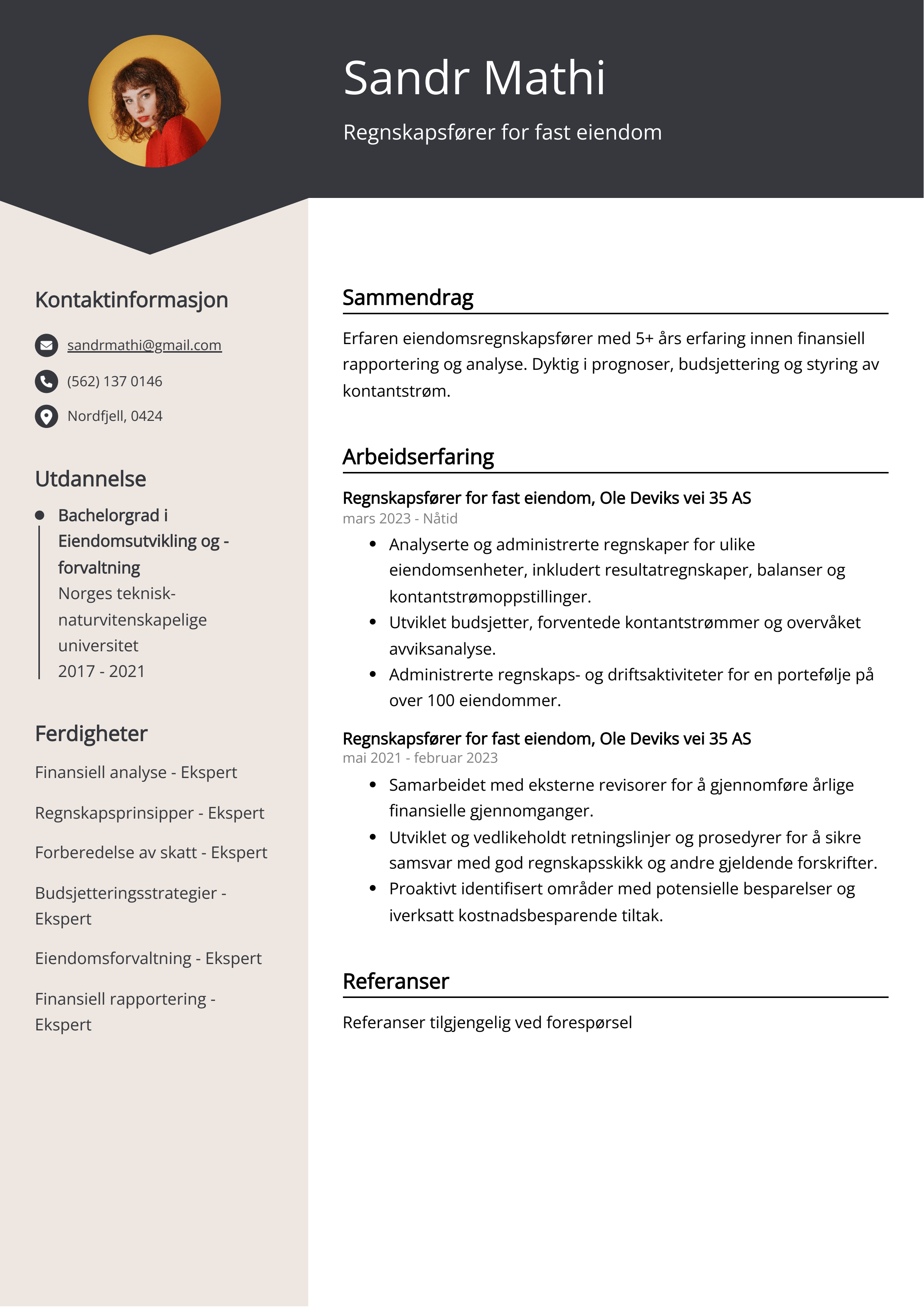 Regnskapsfører for fast eiendom CV Eksempel