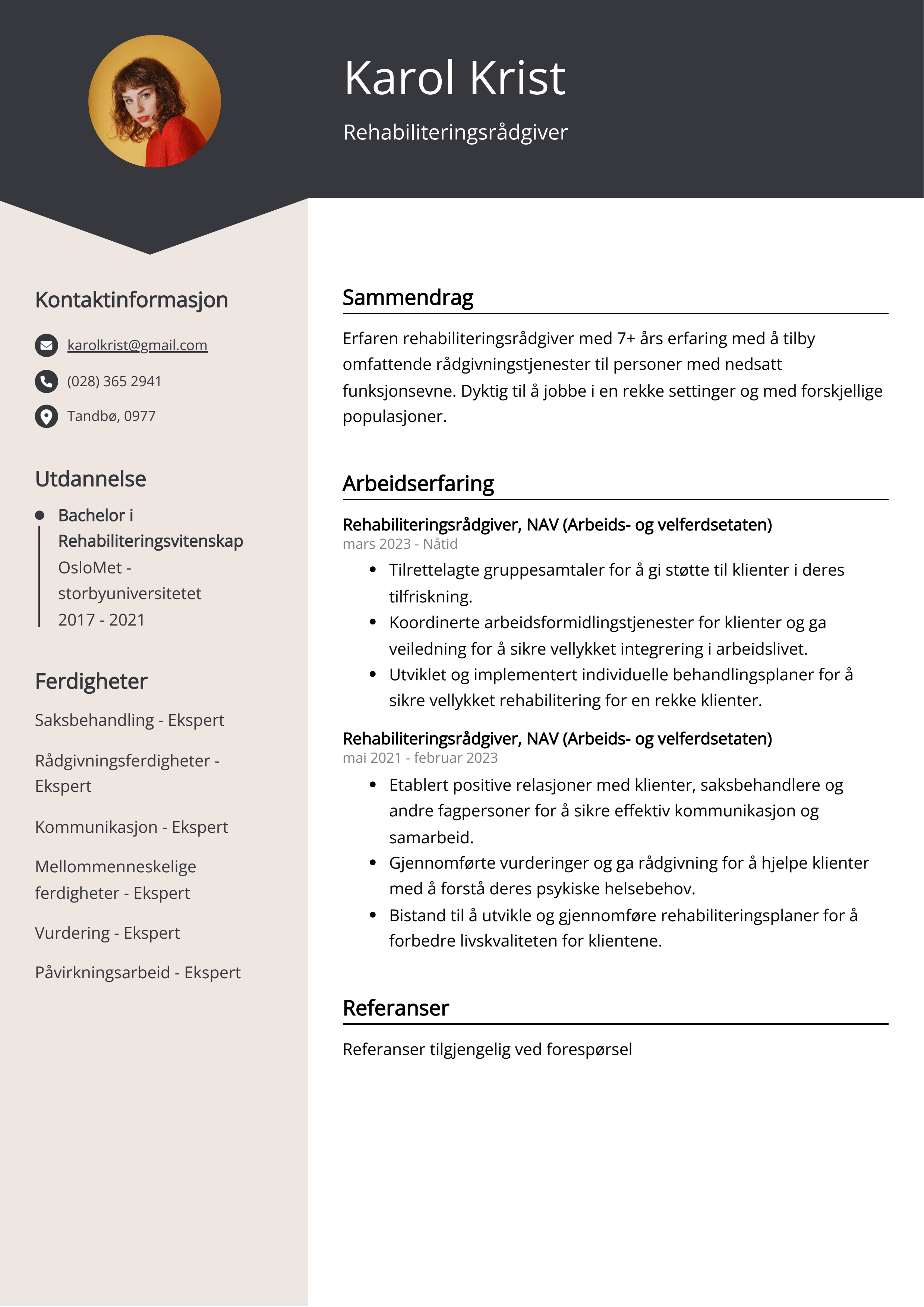 Rehabiliteringsrådgiver CV Eksempel