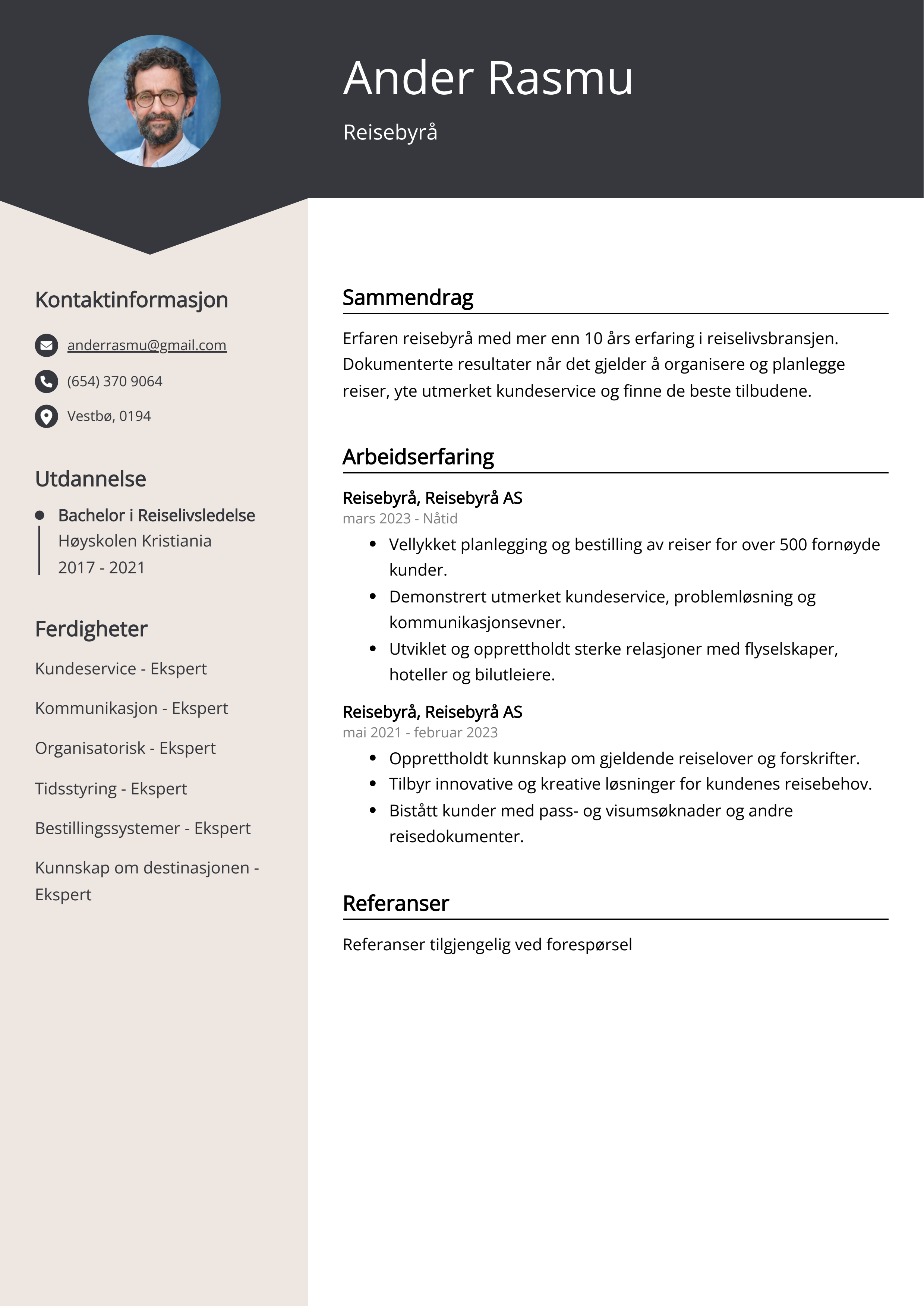 Eksempel på CV for Reisebyrå