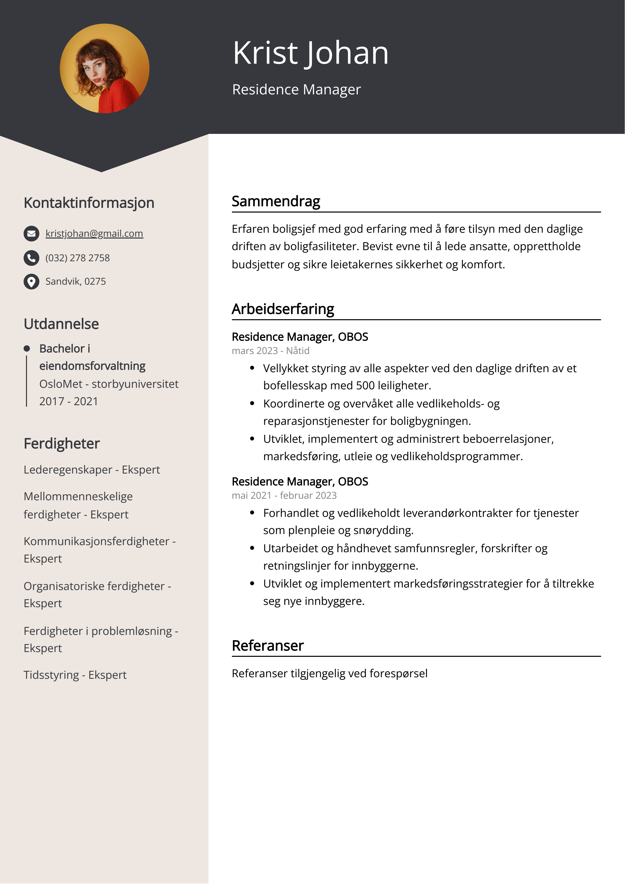 Residence Manager CV-eksempel