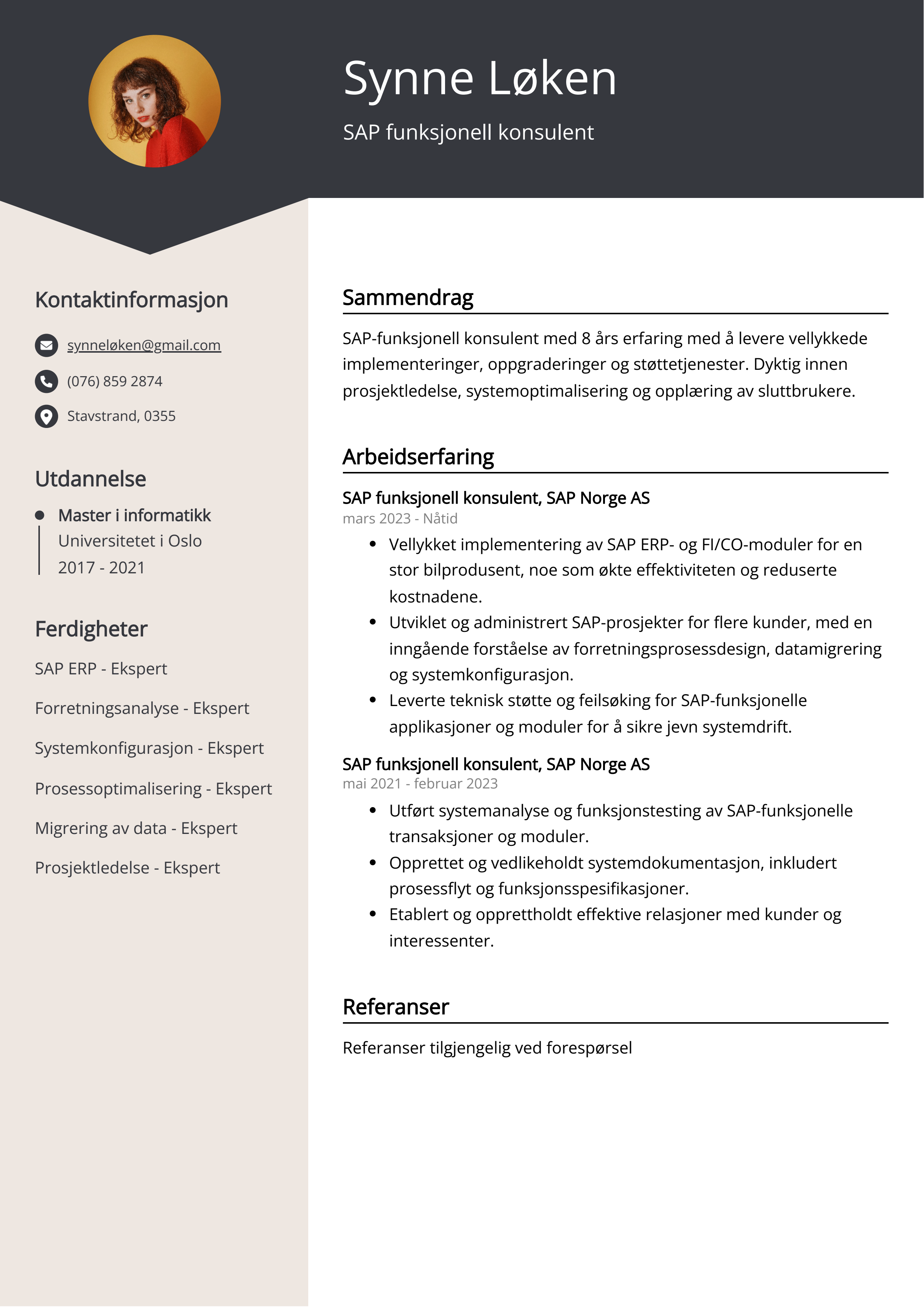 SAP funksjonell konsulent CV Eksempel