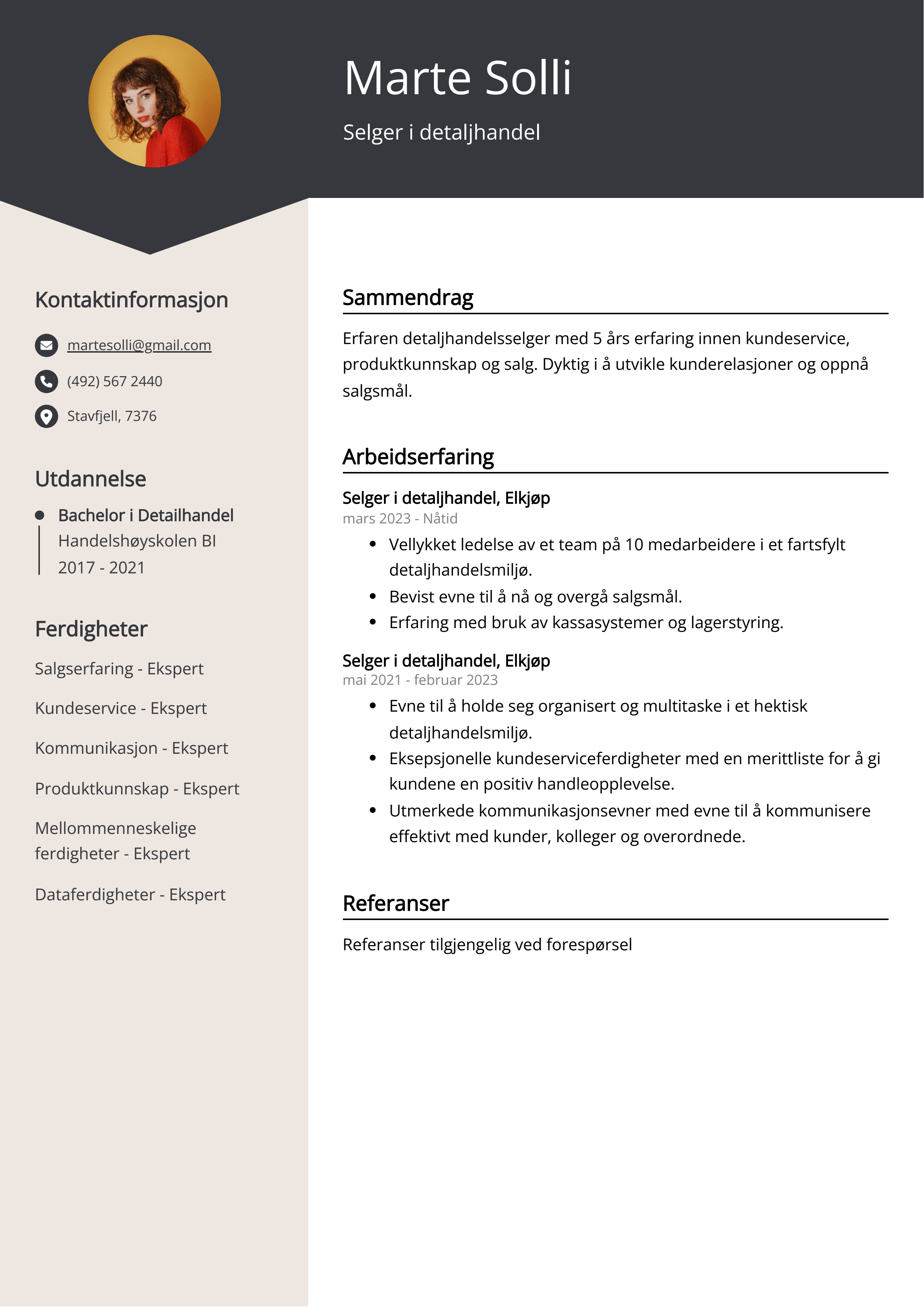 Selger i detaljhandel CV Eksempel