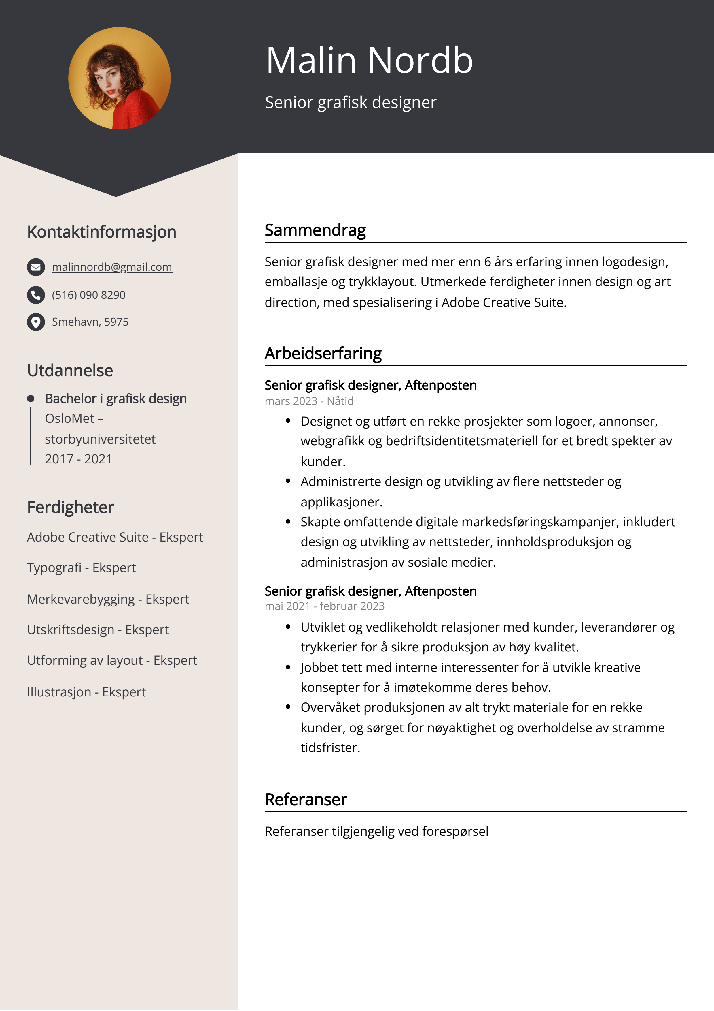 Eksempel på CV for senior grafisk designer