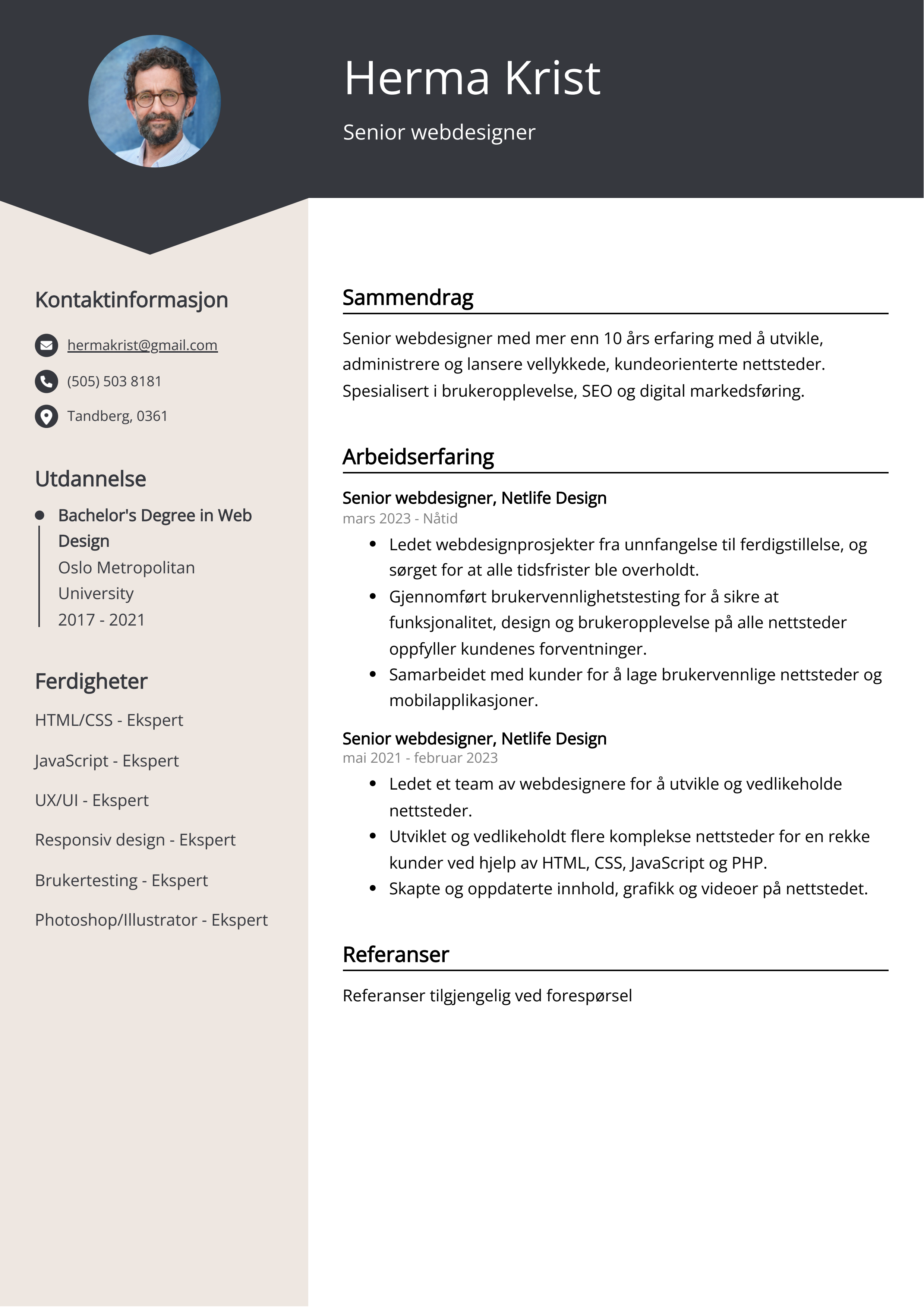 Eksempel på CV for senior webdesigner