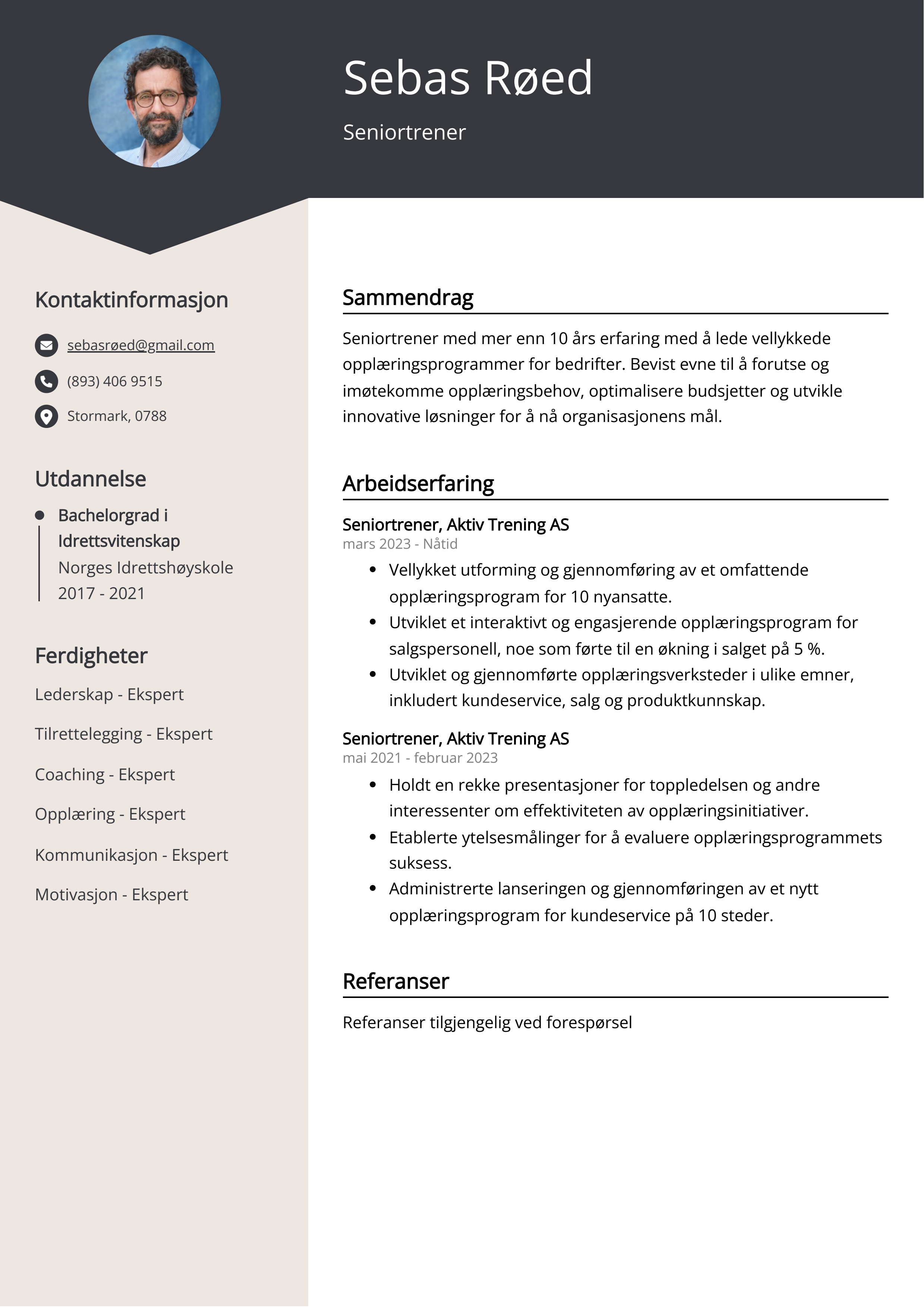 Seniortrener CV-eksempel