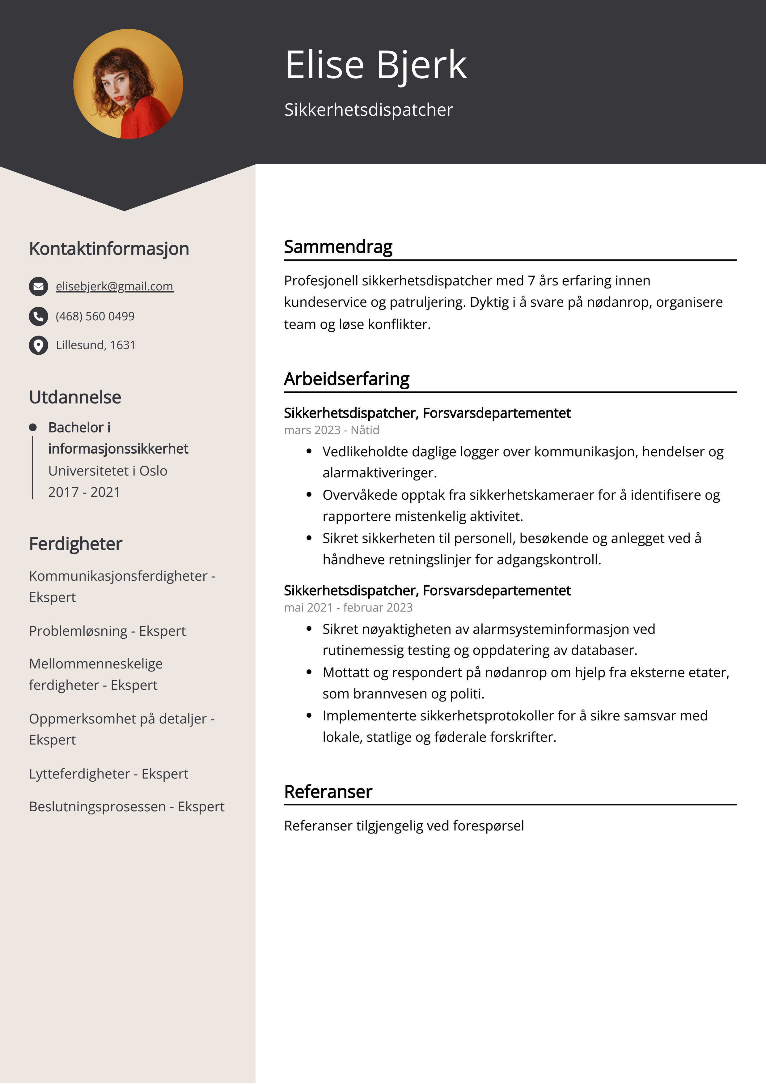 Sikkerhetsdispatcher CV-eksempel