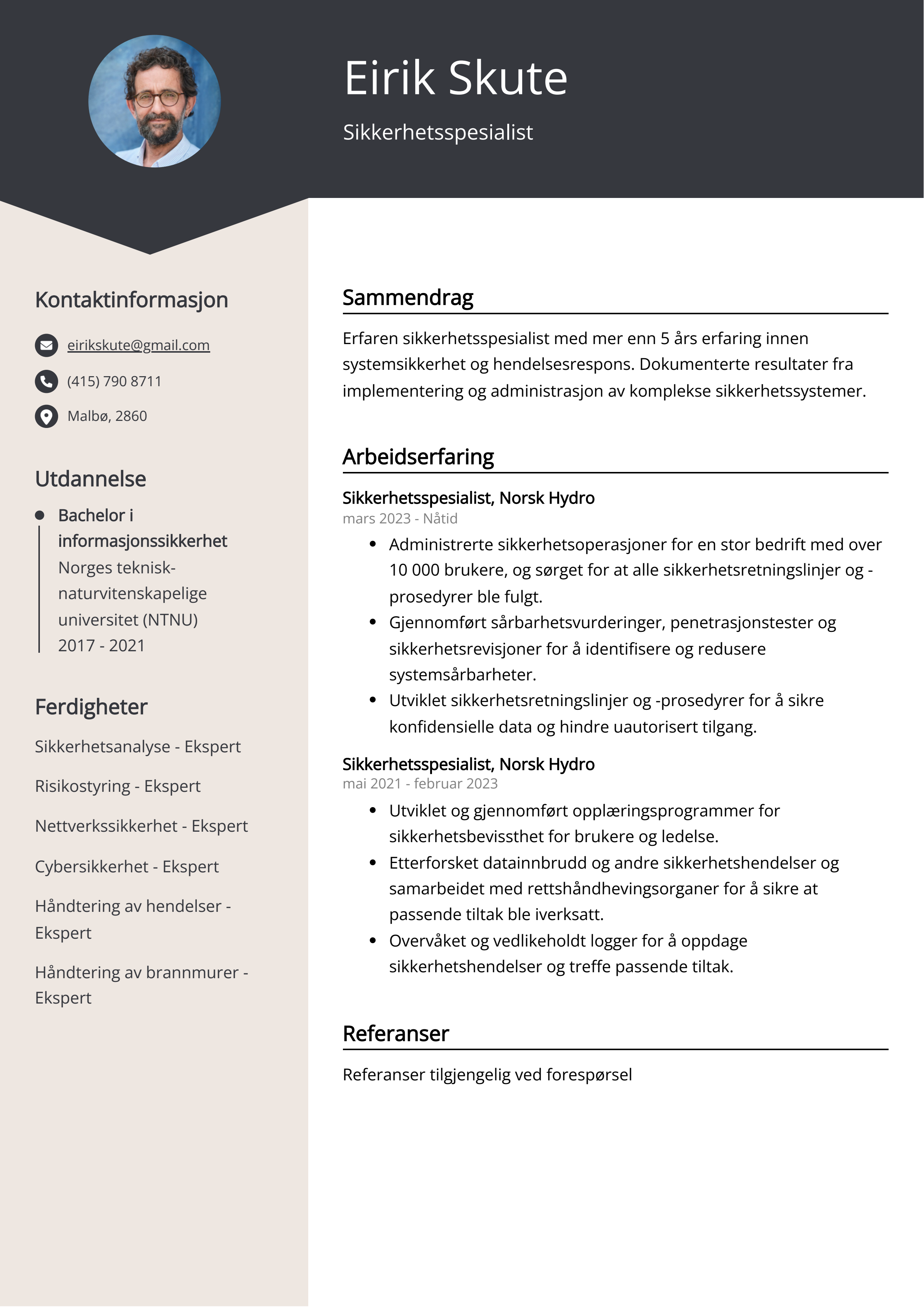 Sikkerhetsspesialist CV-eksempel