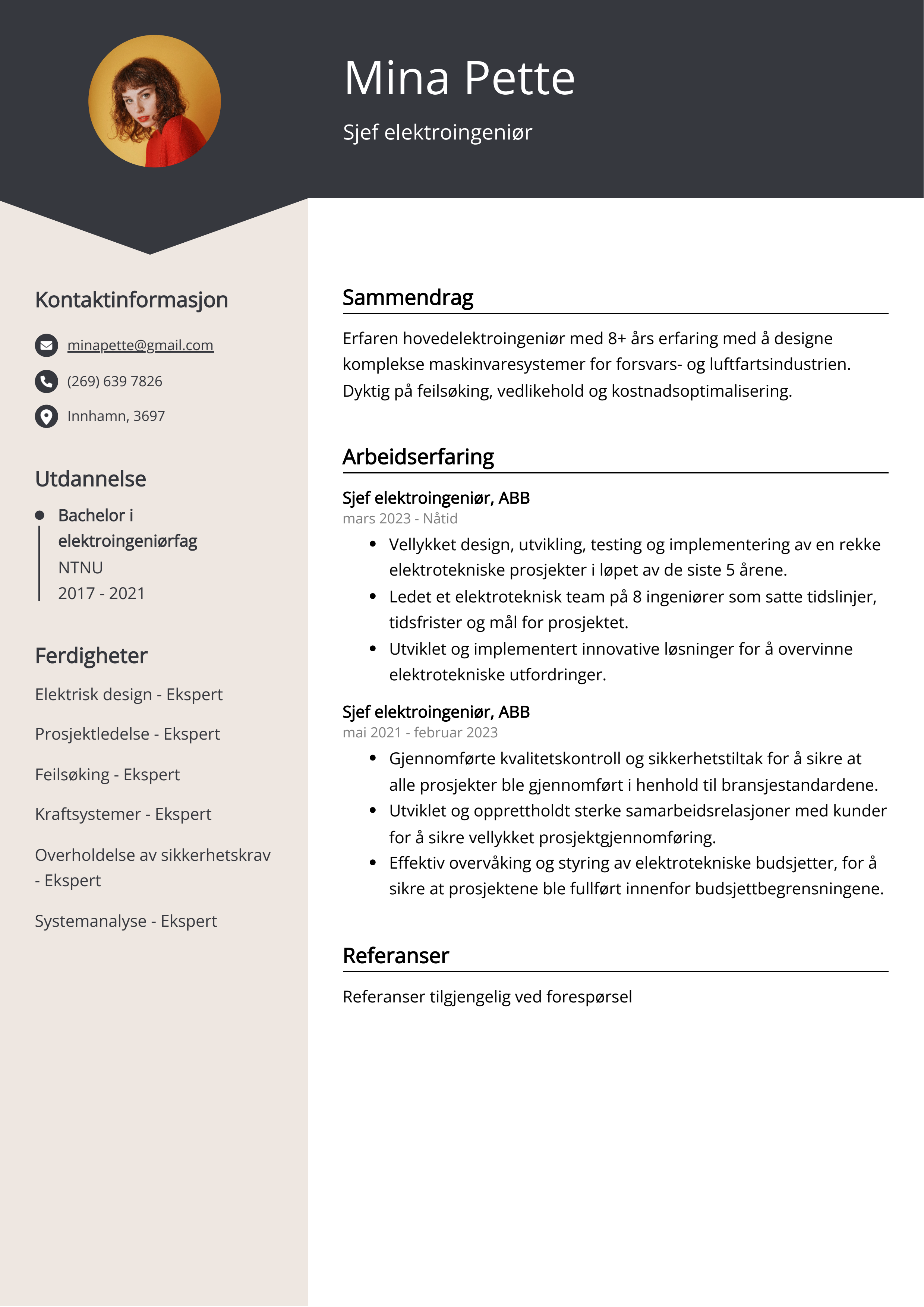 Sjef elektroingeniør CV Eksempel