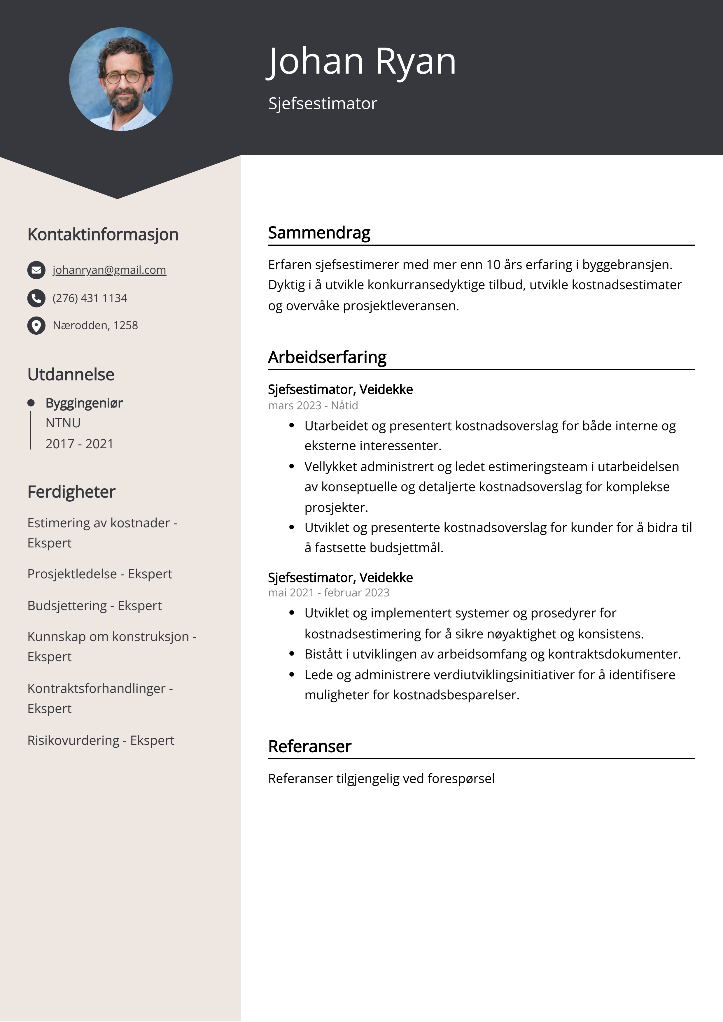 Eksempel på CV for Sjefsestimator