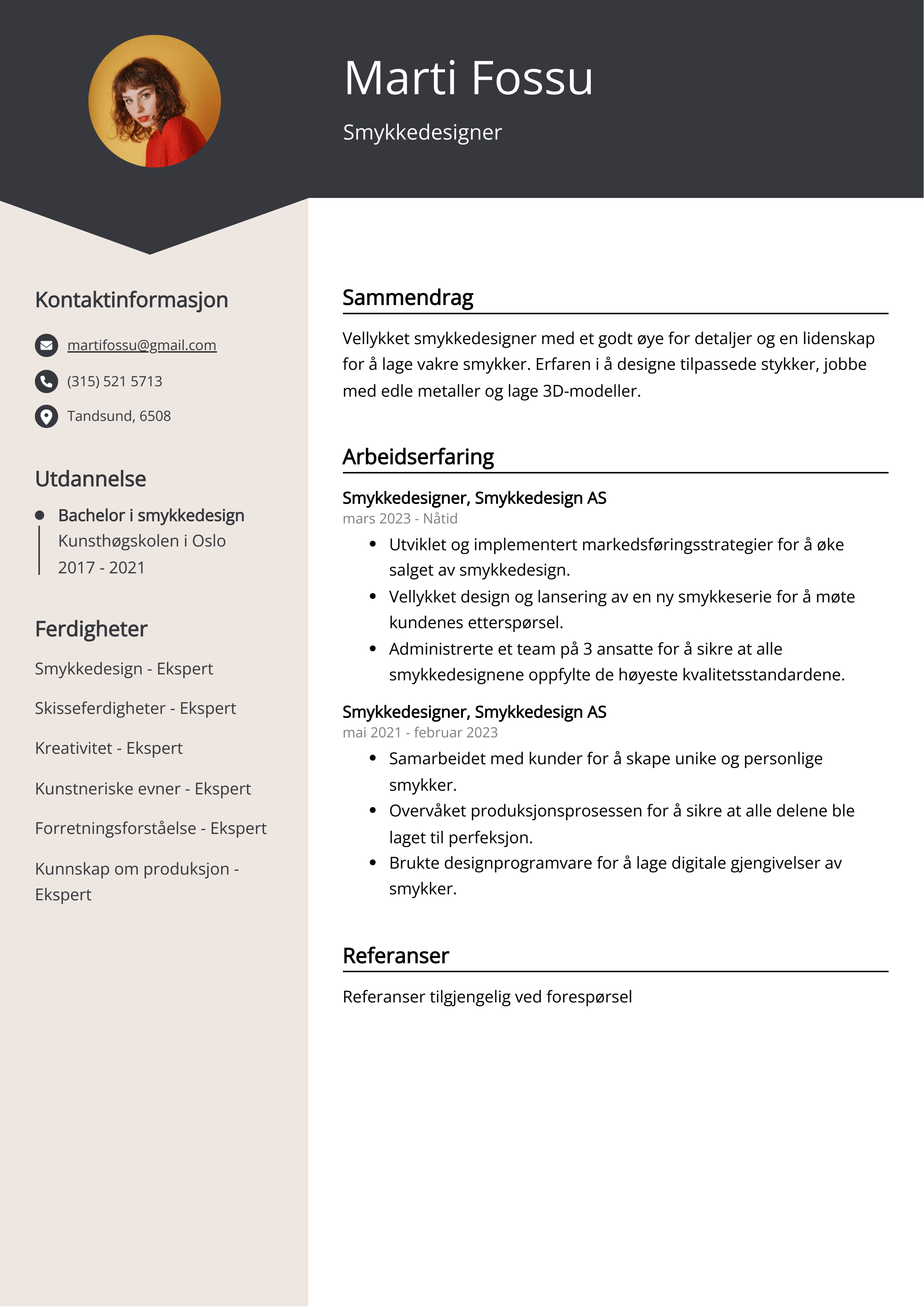 Smykkedesigner CV Eksempel