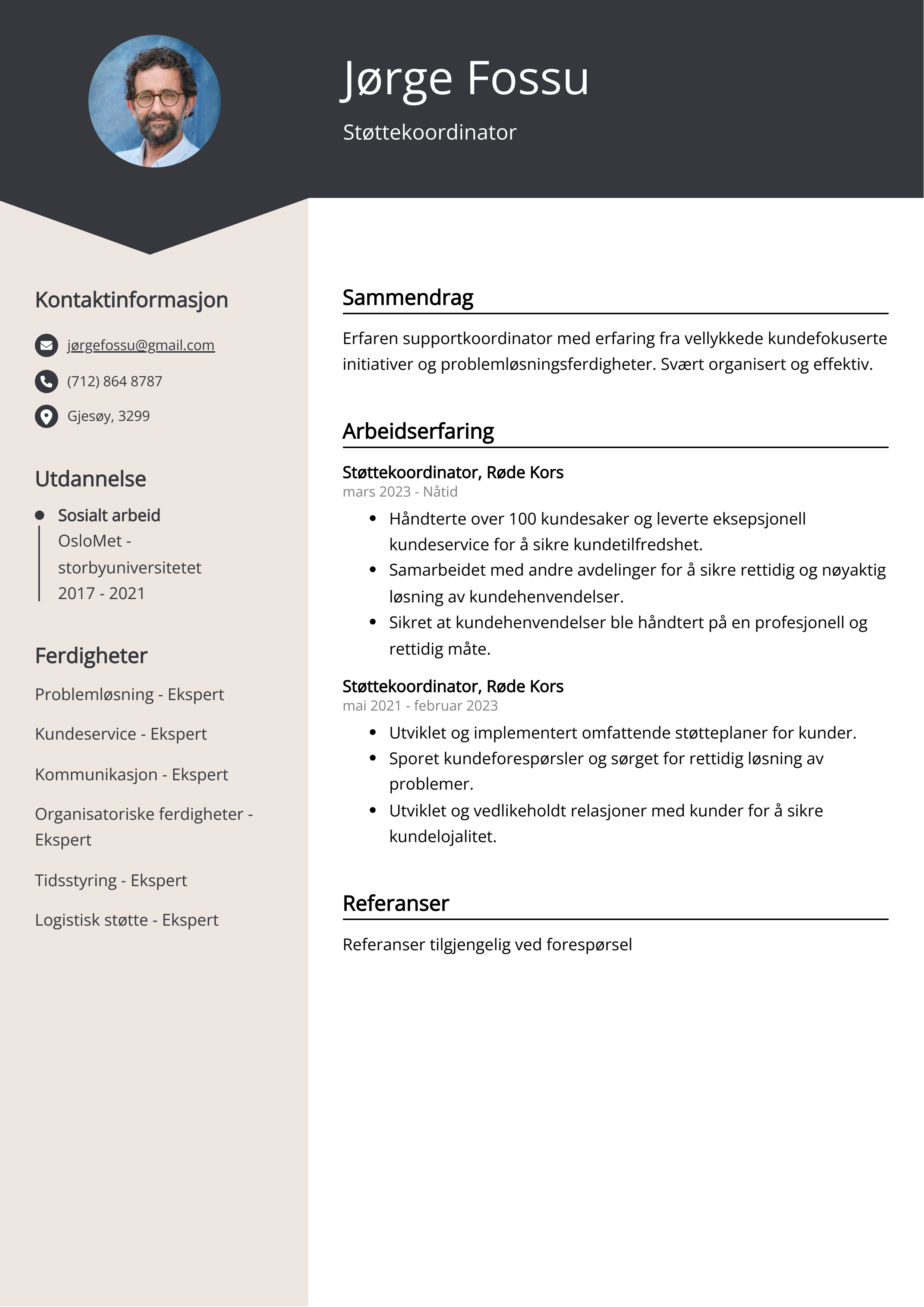 Støttekoordinator CV-eksempel