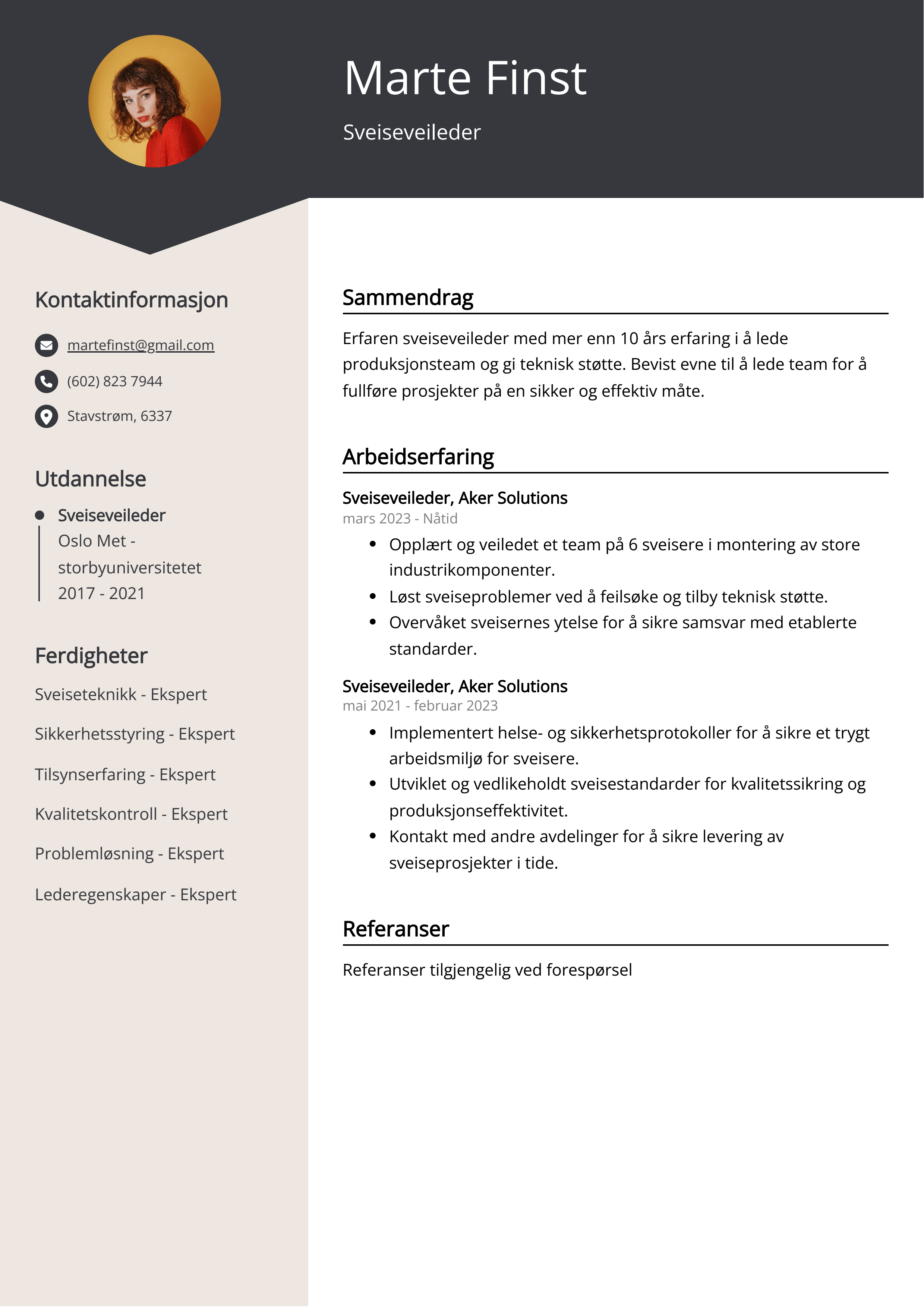 Sveiseveileder CV-eksempel