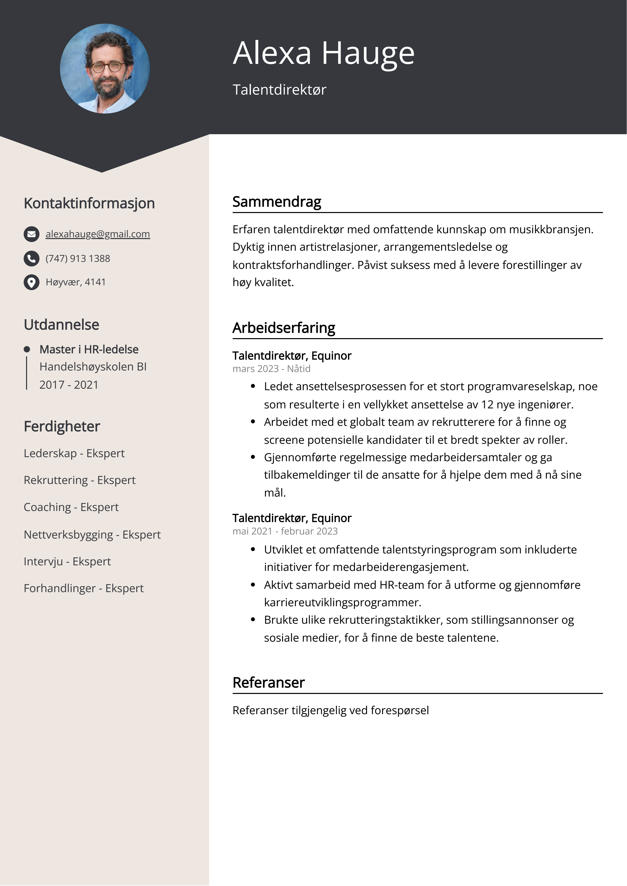 Talentdirektør CV-eksempel