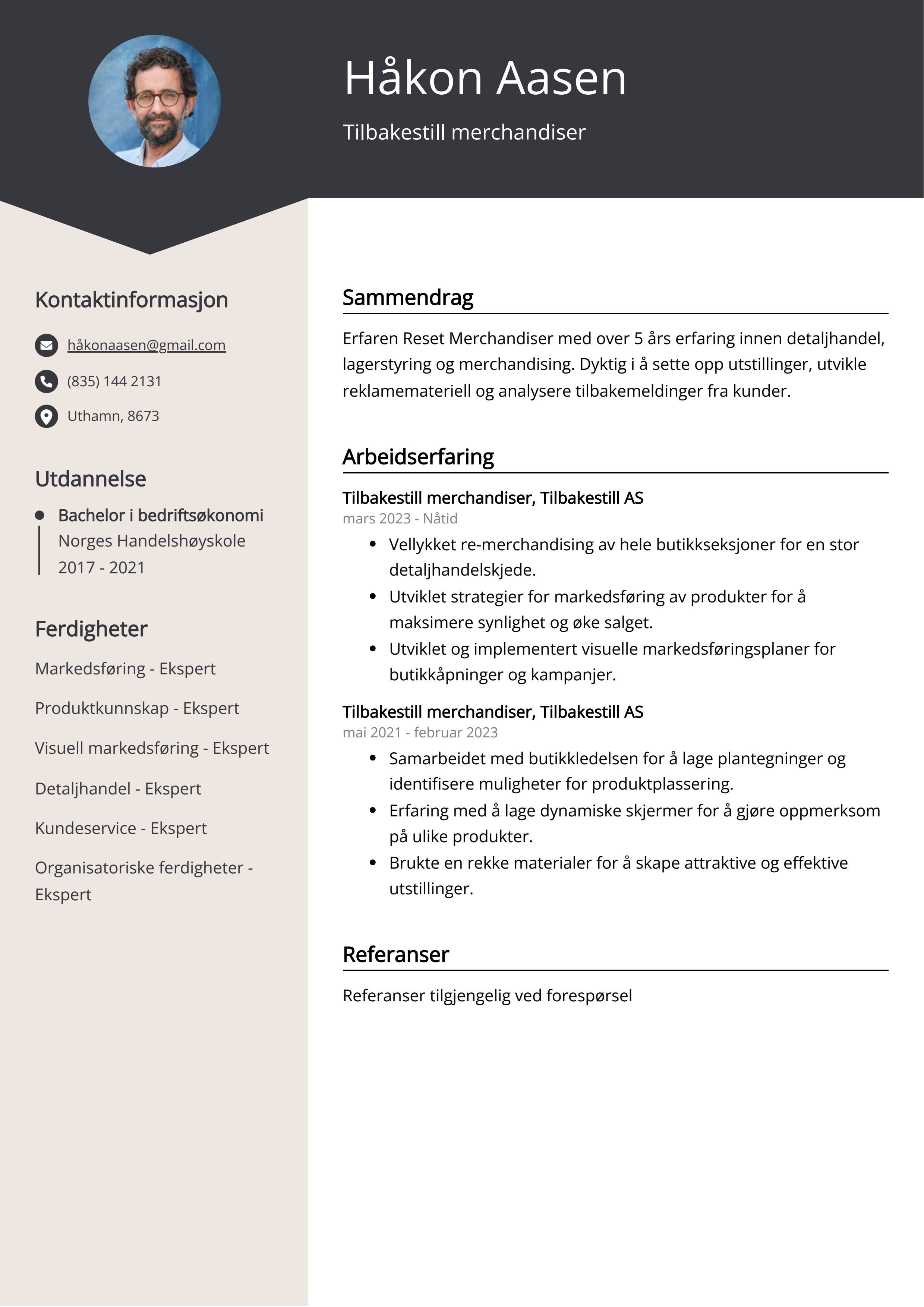 Tilbakestill merchandiser CV-eksempel