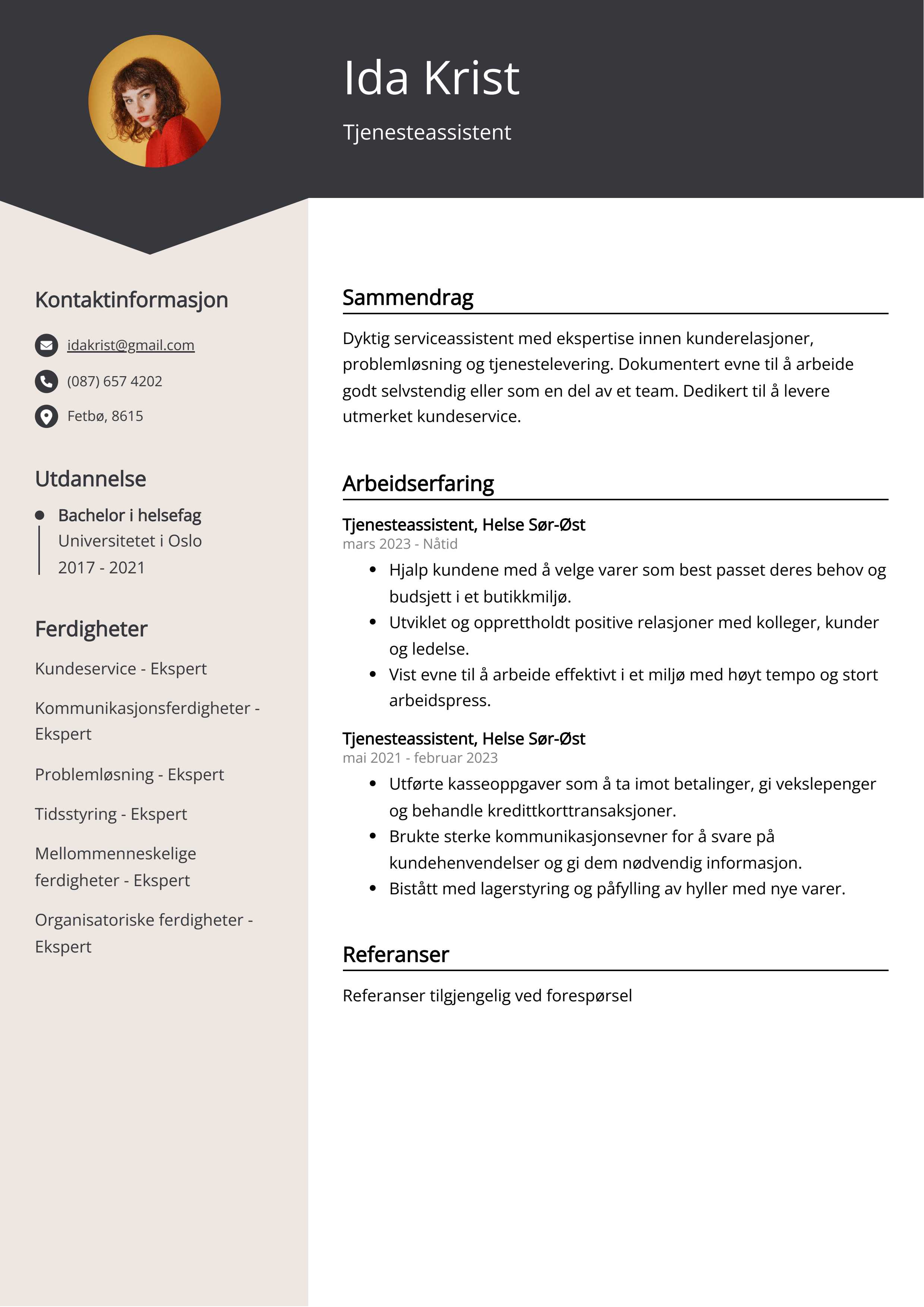 Tjenesteassistent CV Eksempel