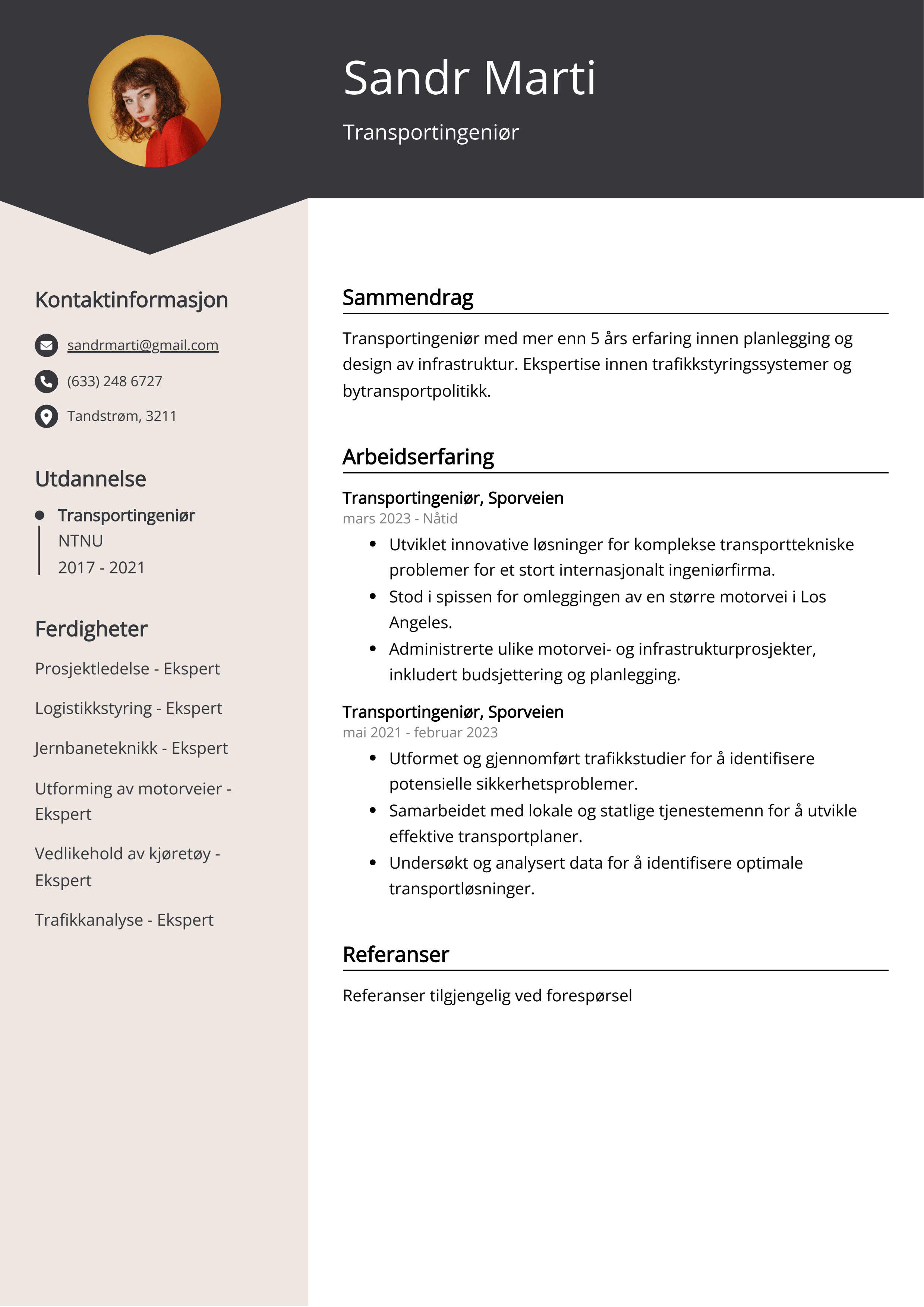 Eksempel på CV for transportingeniør