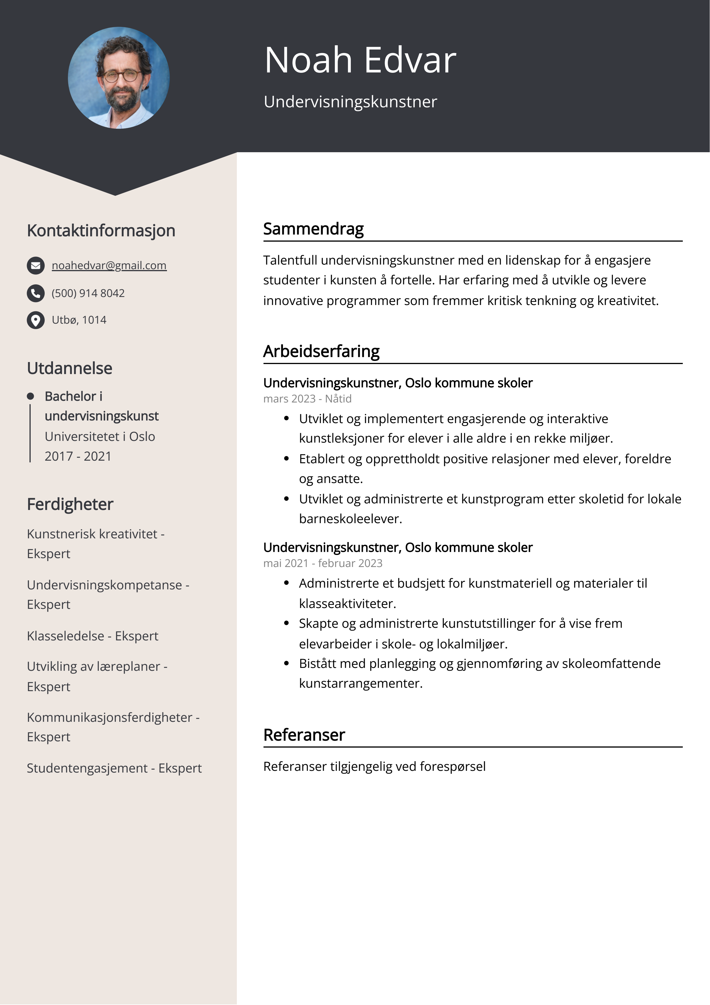 Undervisningskunstner CV-eksempel