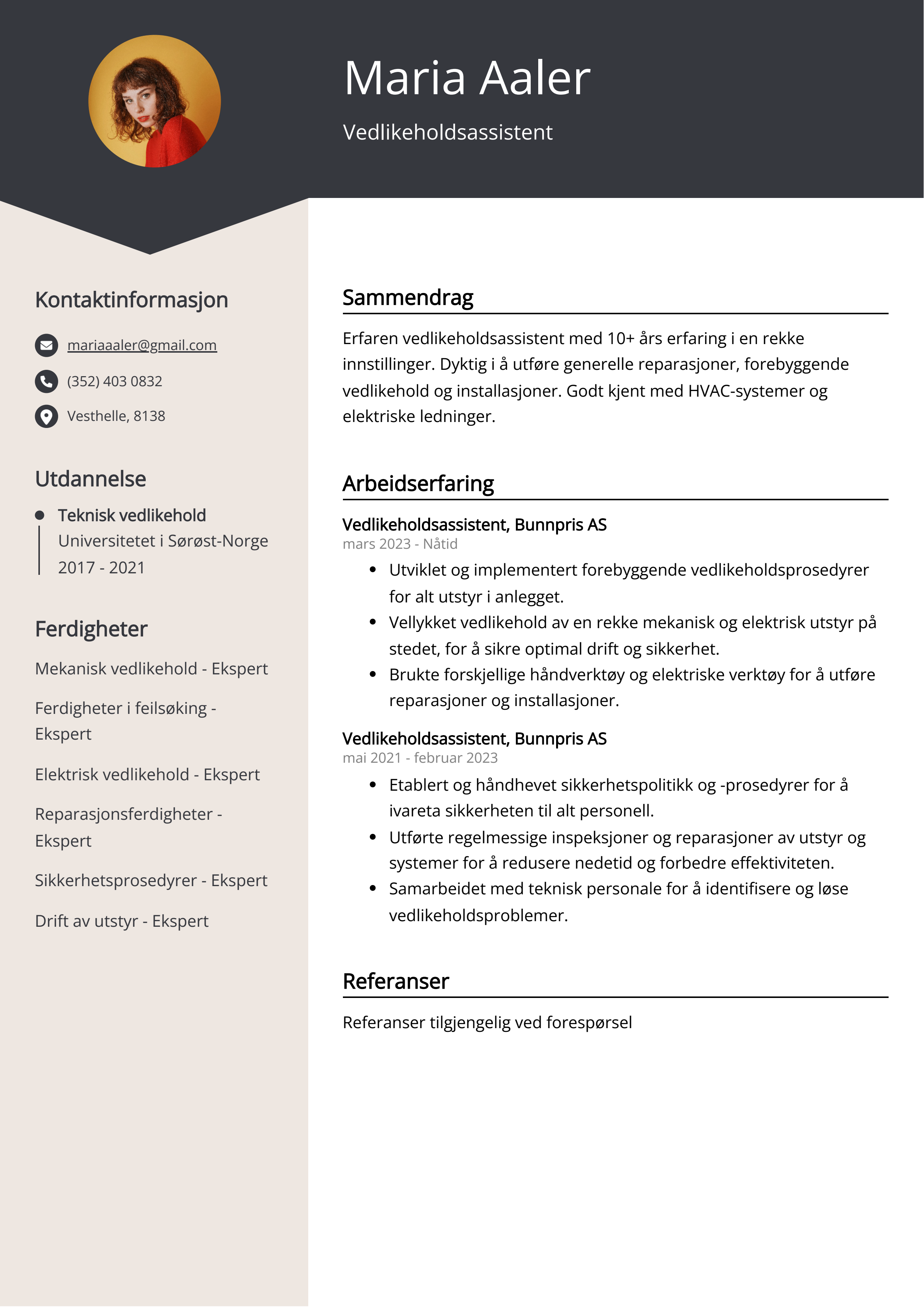 Vedlikeholdsassistent CV Eksempel