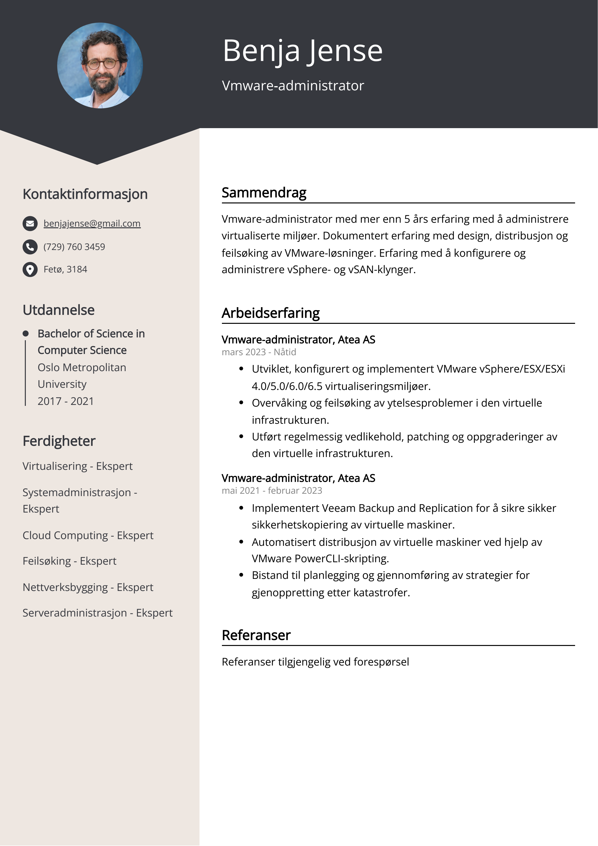 Vmware-administrator CV Eksempel