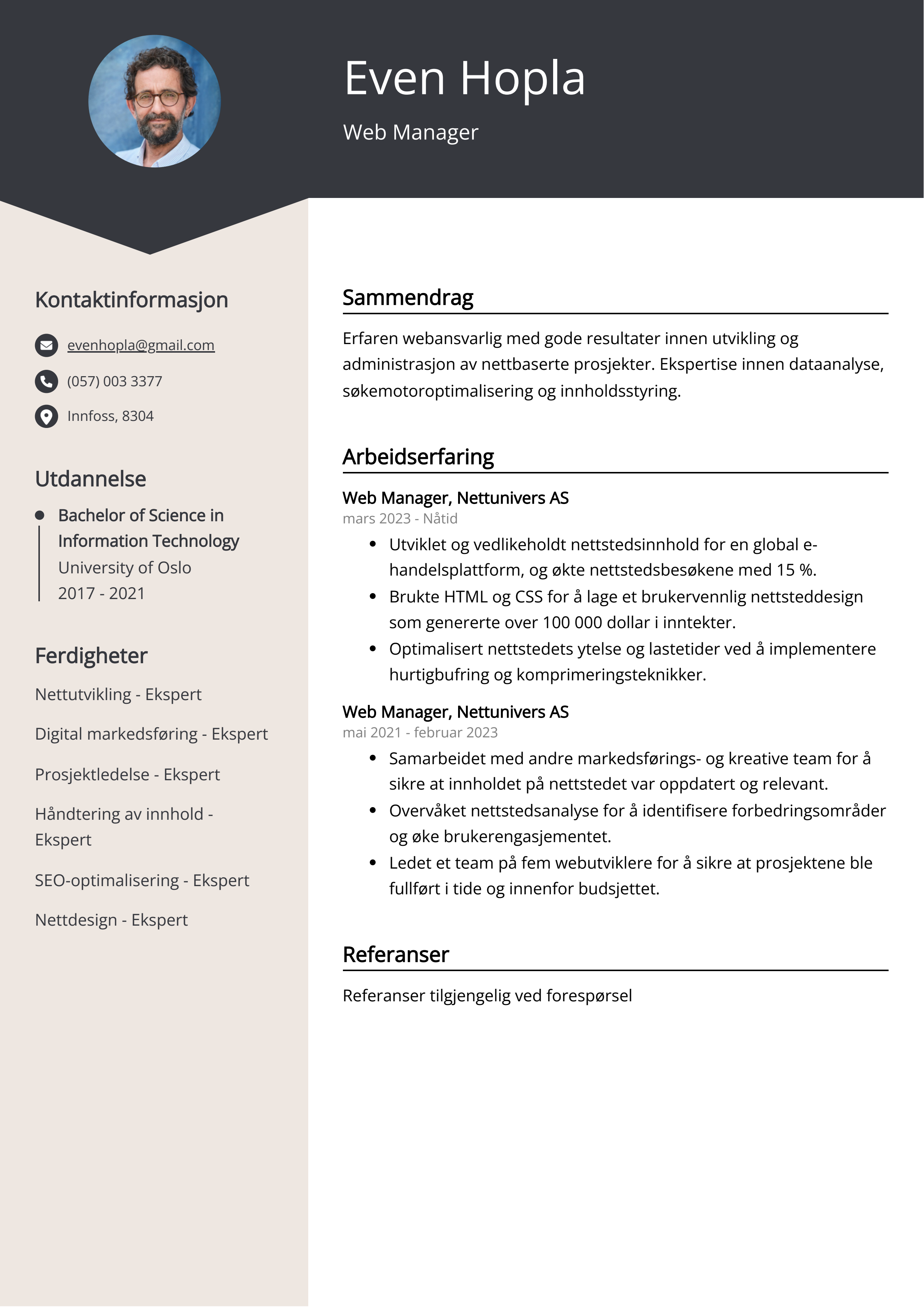 Web Manager Eksempel på CV