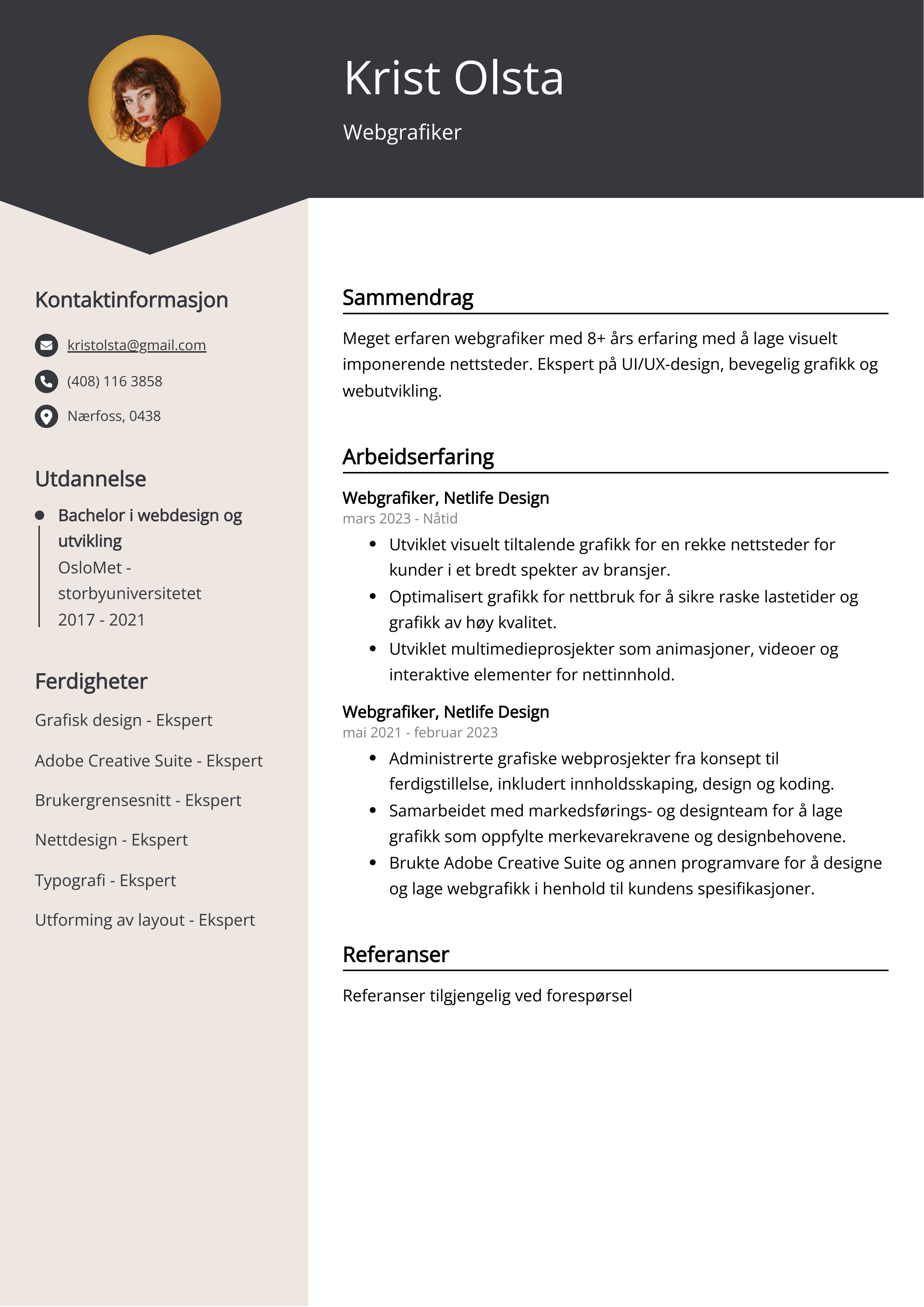 Eksempel på CV for webgrafiker