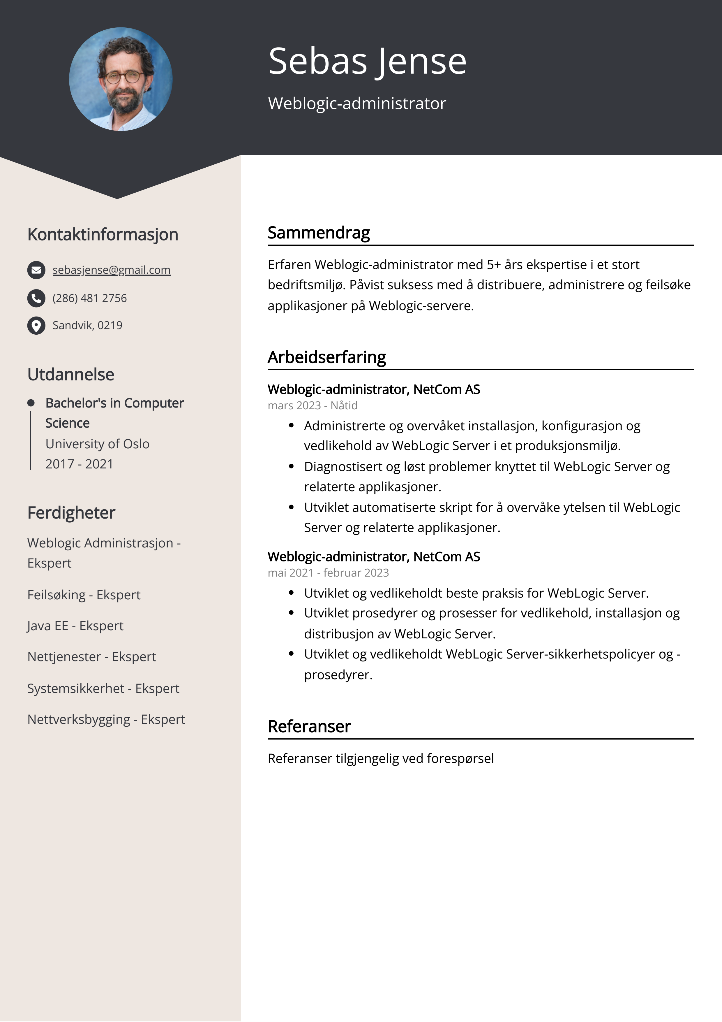 Eksempel på CV for Weblogic-administrator
