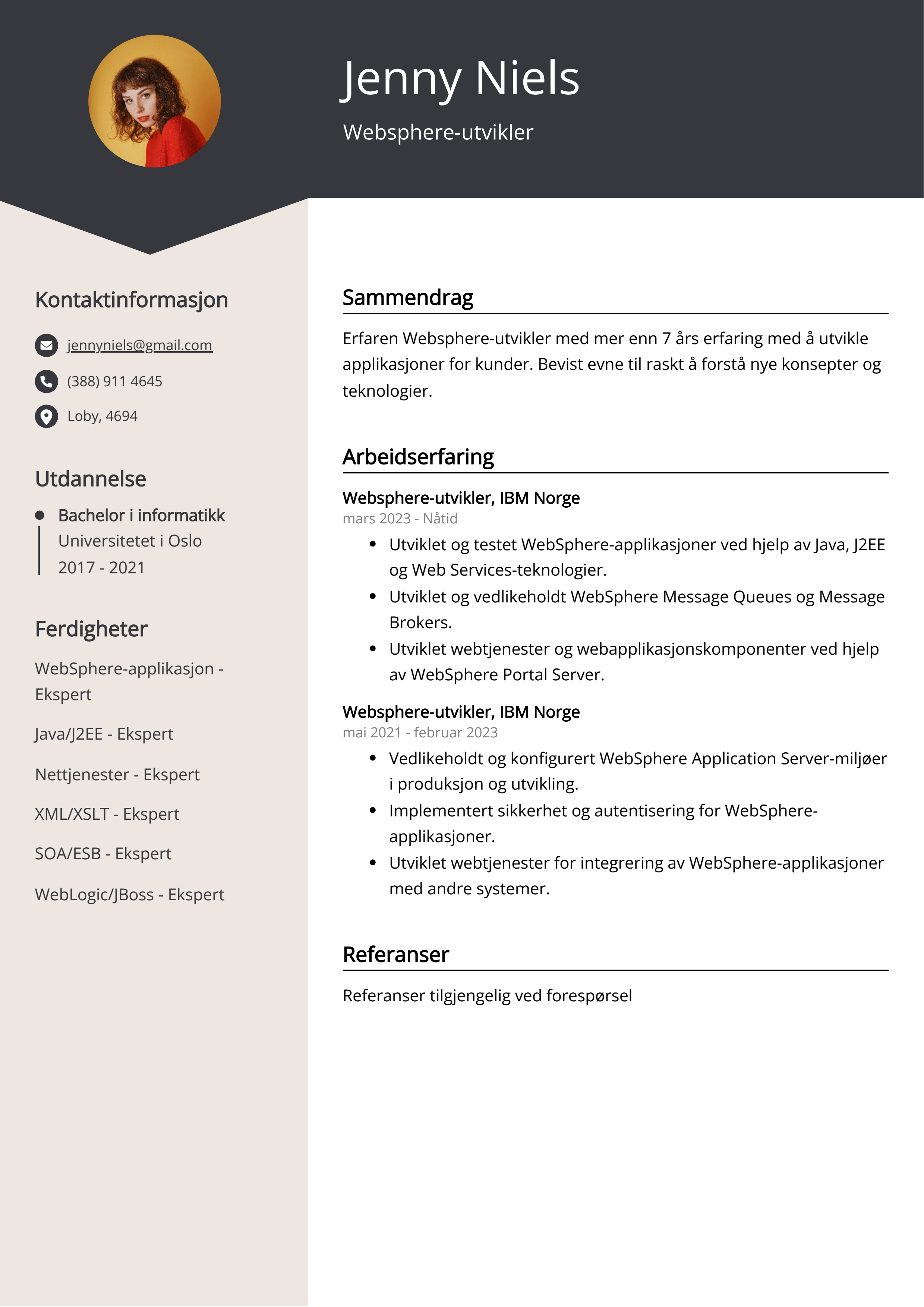 Eksempel på CV for Websphere-utvikler