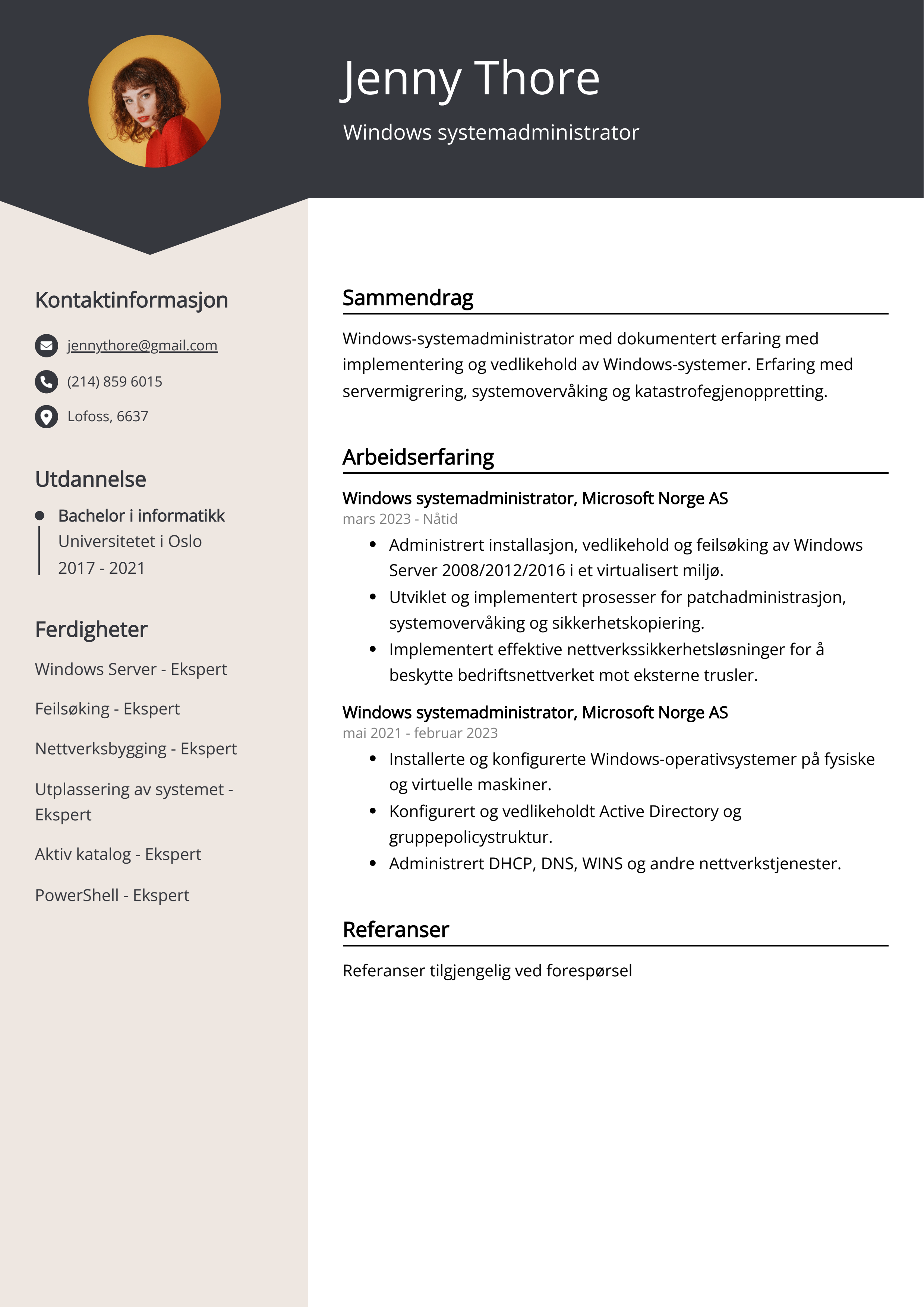 Eksempel på CV for Windows-systemadministrator