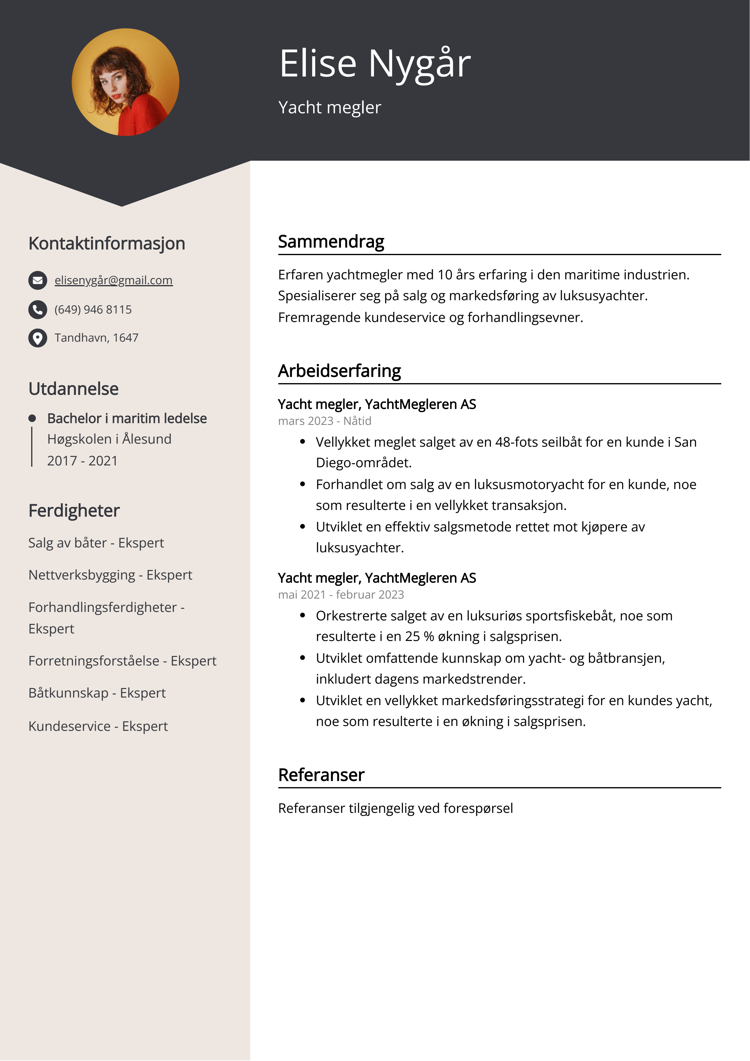 Eksempel på CV for yachtmeglere