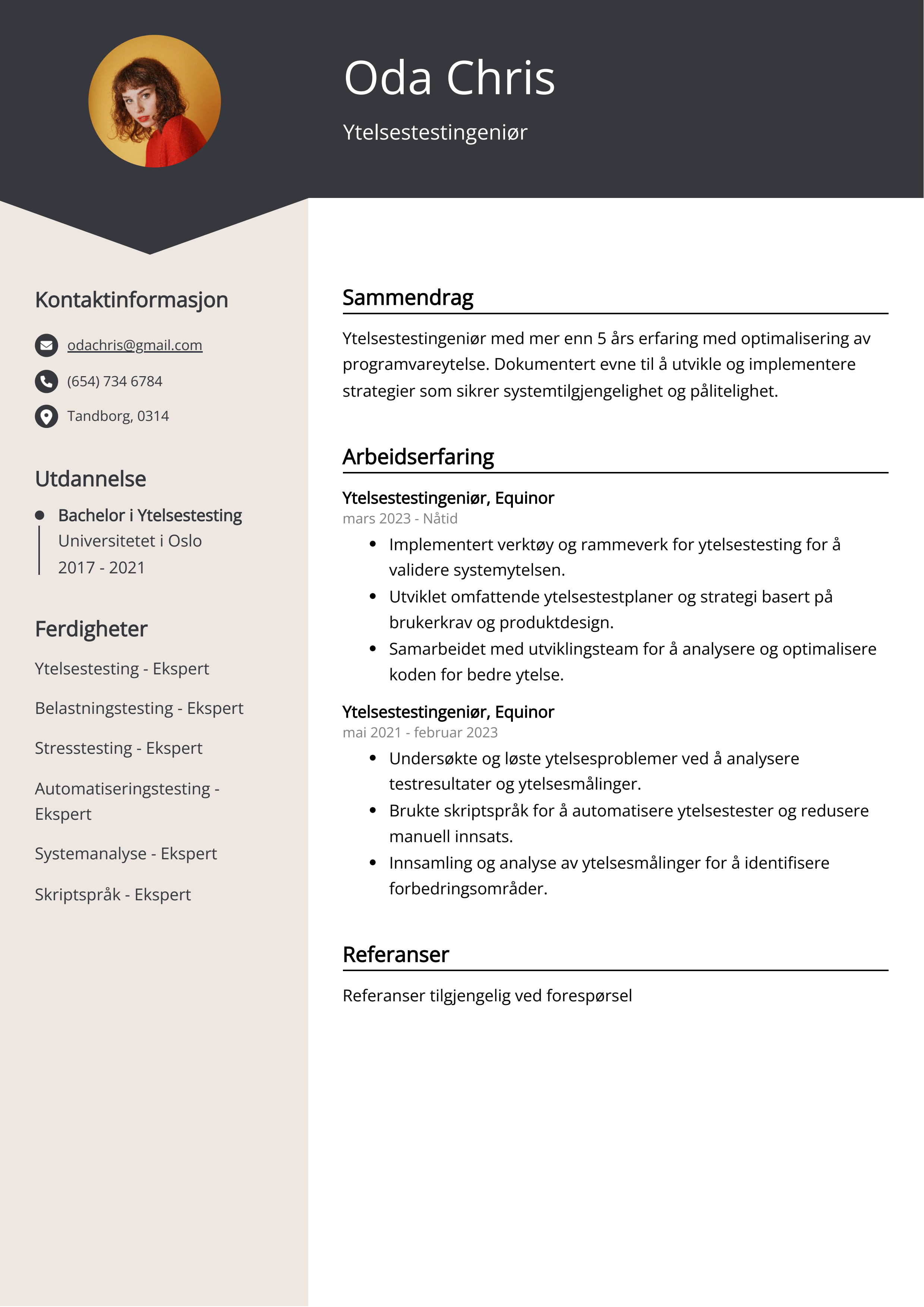 Ytelsestestingeniør CV-eksempel